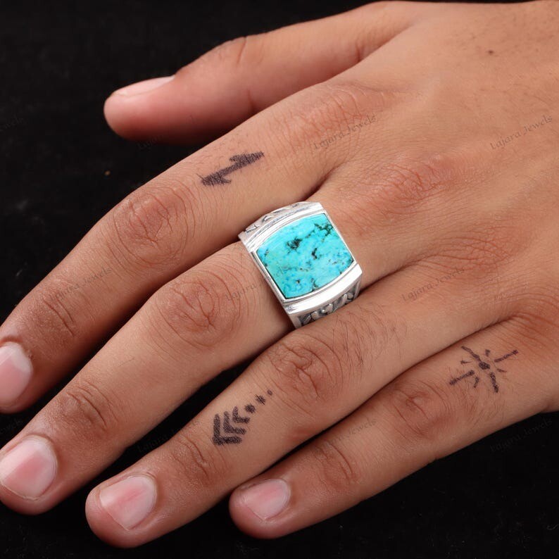 Raw Tibetan Turquoise Ring 925 Silver Ring Thunderbird Ring Men Signet Ring