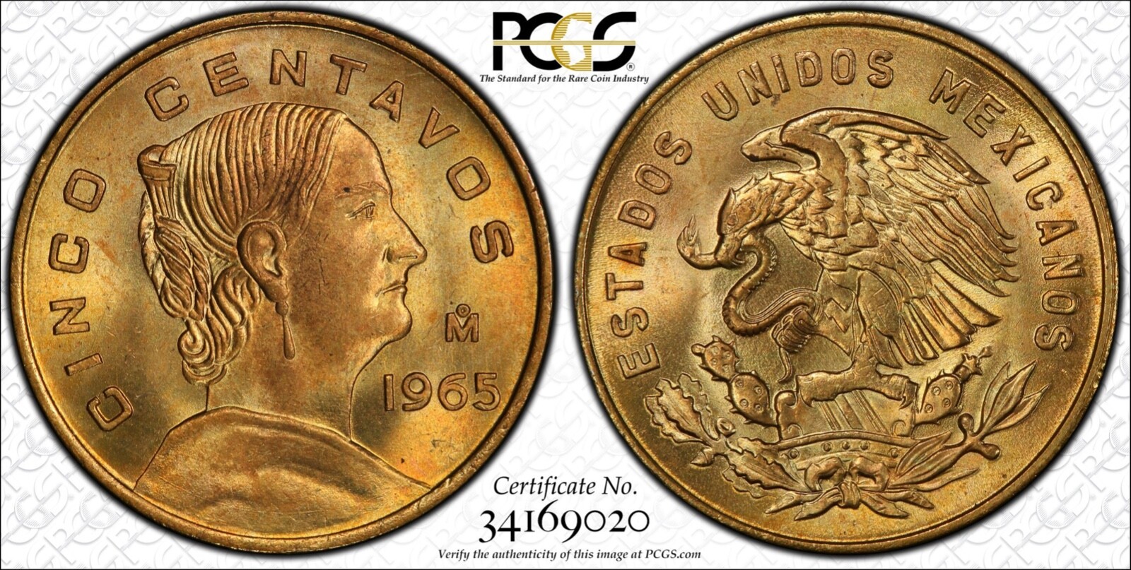 MEXICO ESTADOS UNIDOS 1965 5 CENTAVOS COIN PCGS CERTIFIED GEM UNCIRCULATED MS66
