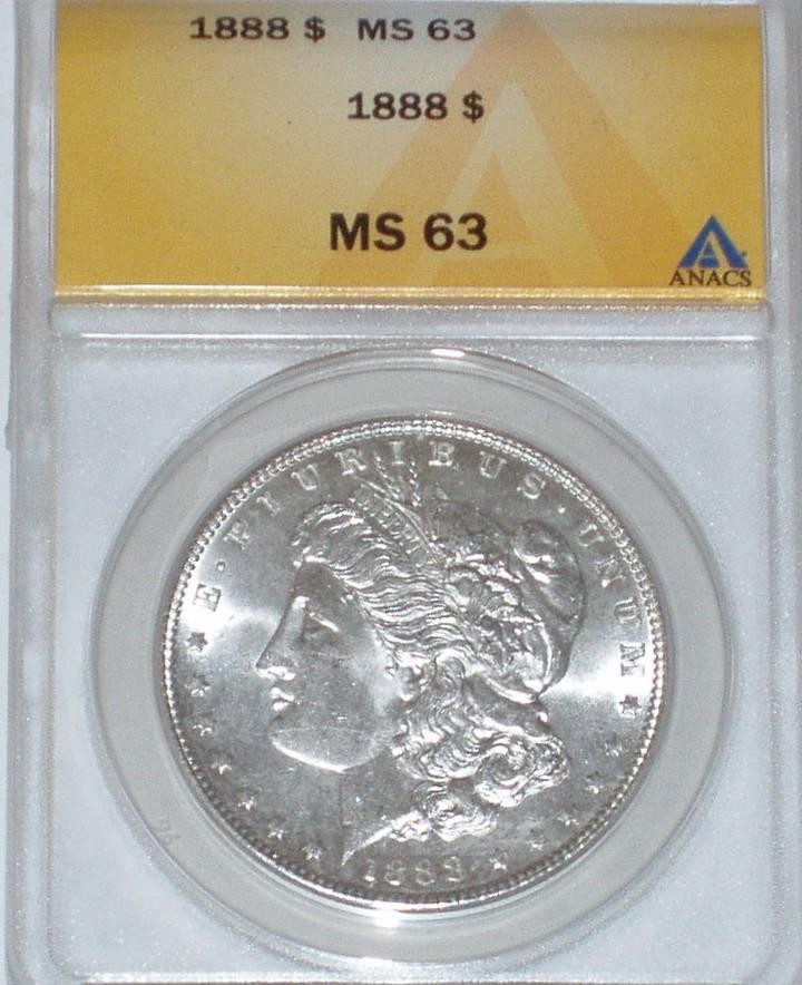 1888 Morgan Silver Dollar ANACS MS63  BRILLIANT UNC. 90% SILVER  FREE SHIPPING!!