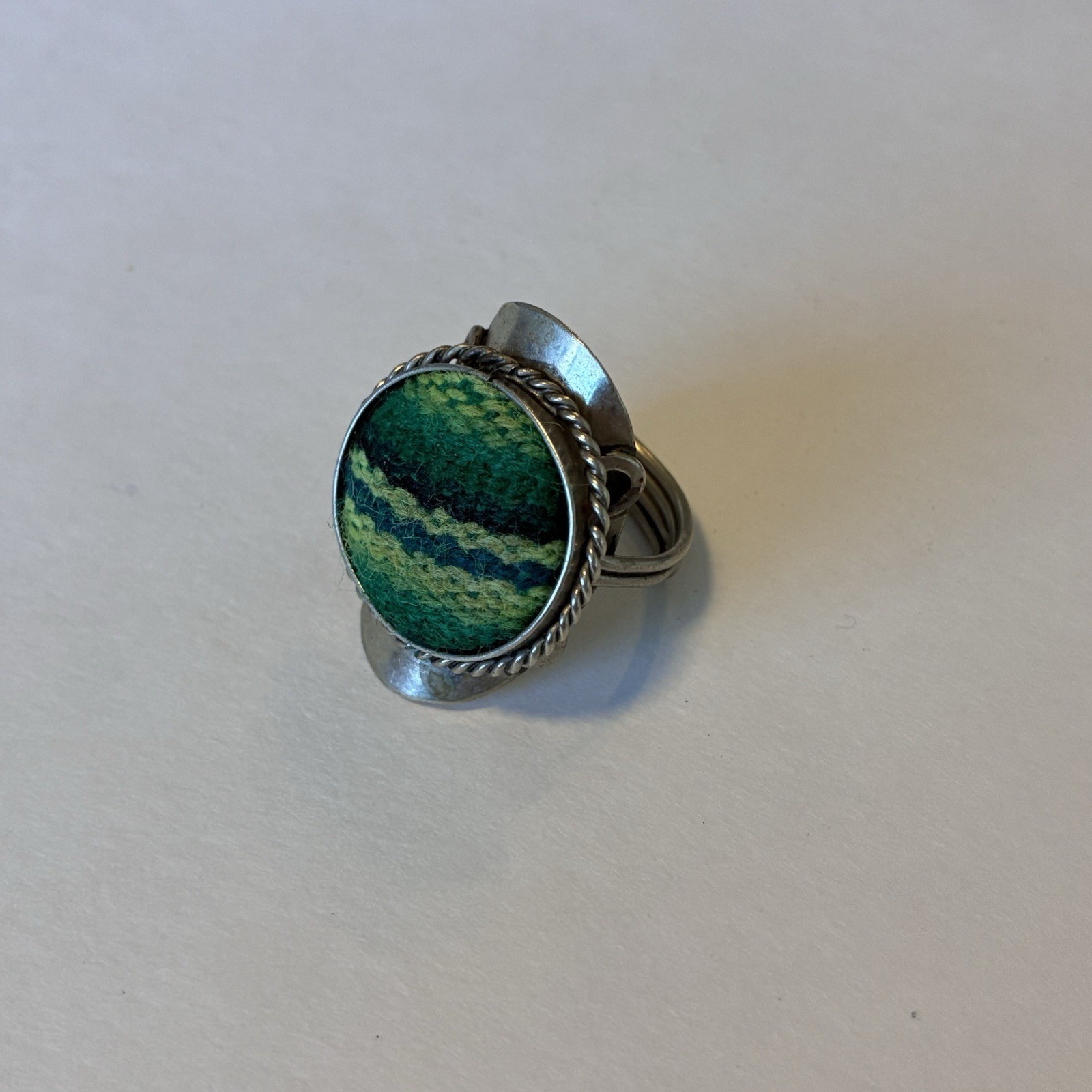 Boho Adjustable Green Woven Textile Ring with Twisted Rope Bezel Silver Toned