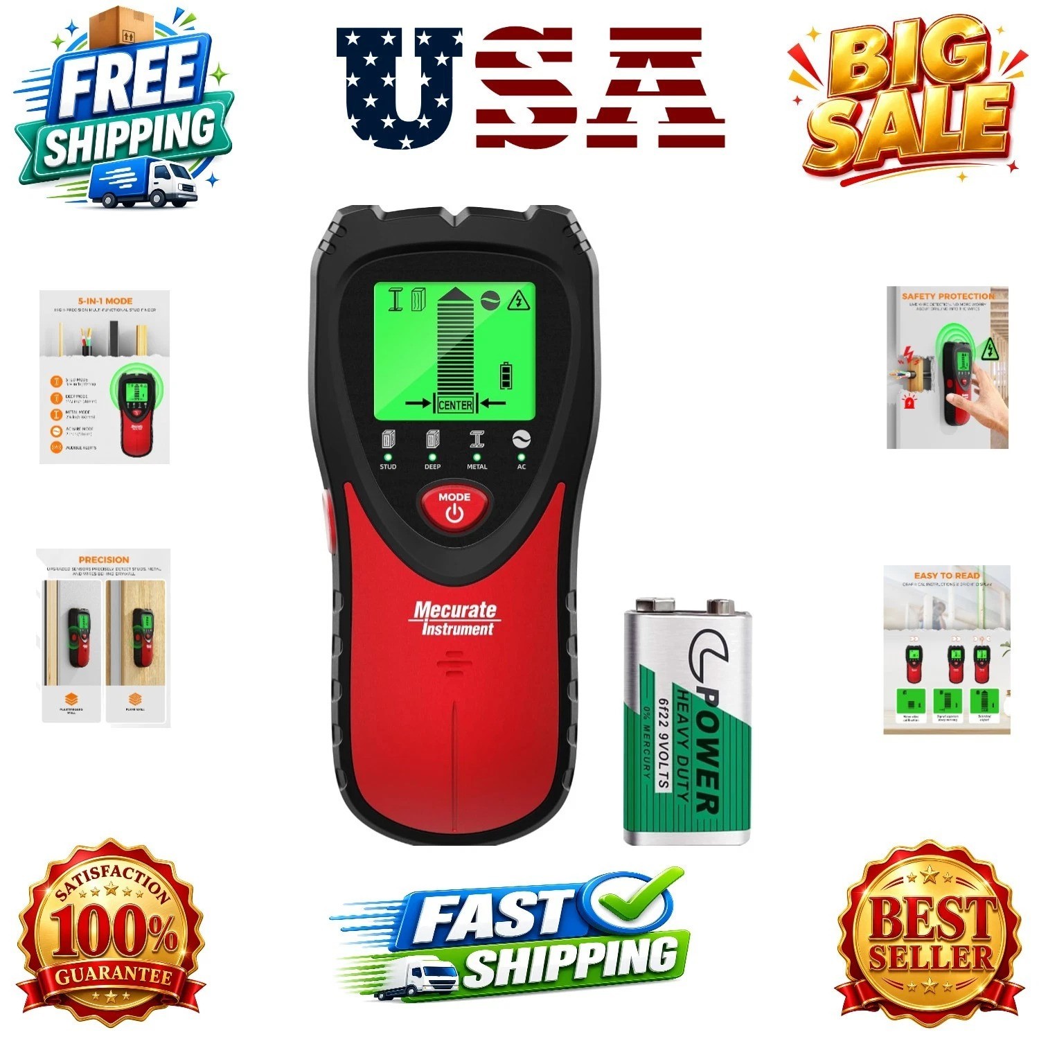 5-in-1 Stud Finder with LCD Display, Wall Scanner for Studs, Metal, AC Wires ...