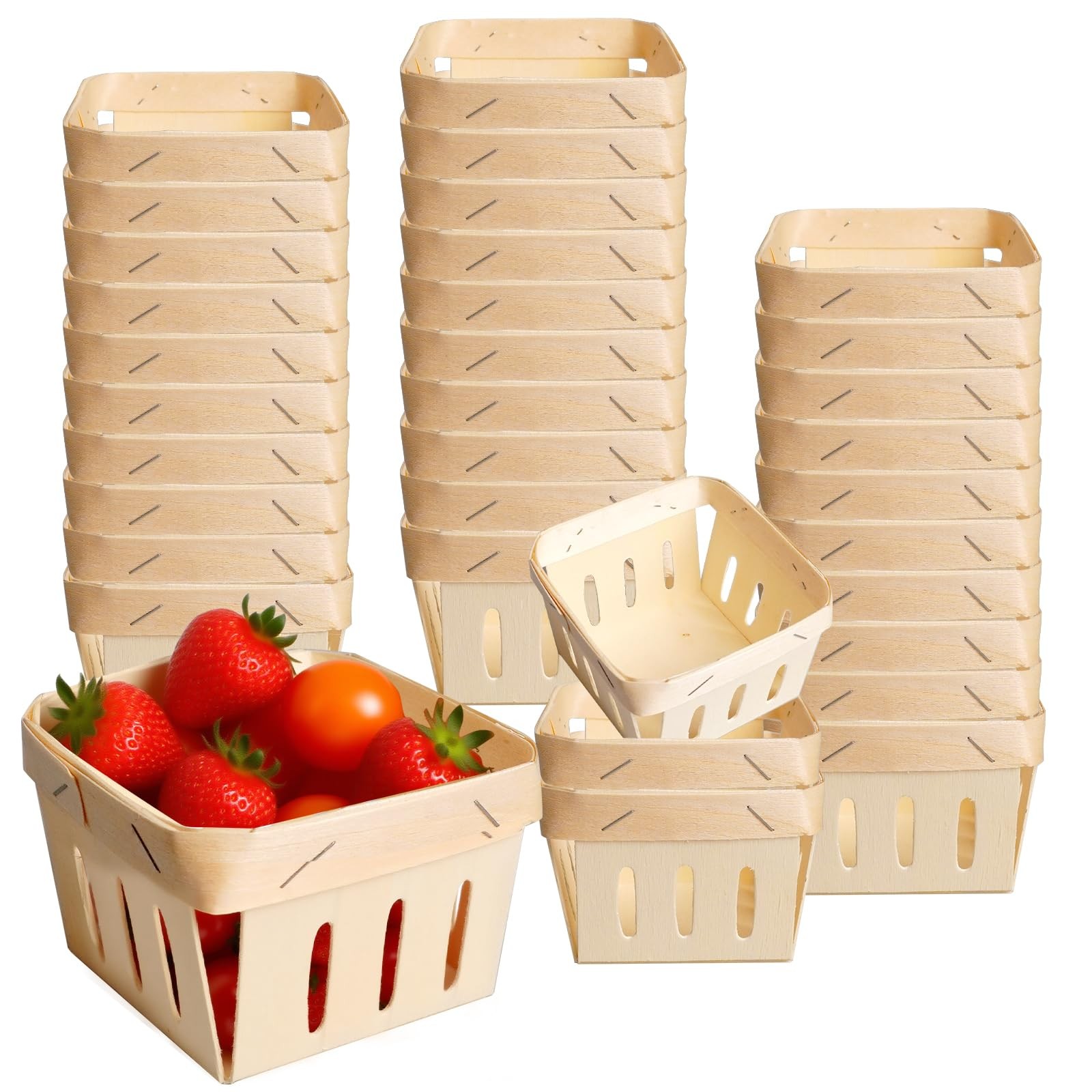 34 Pieces Wooden Berry Basket Bulk 4 x 4 x 2.6 Inch One Pint Square Small Woo...