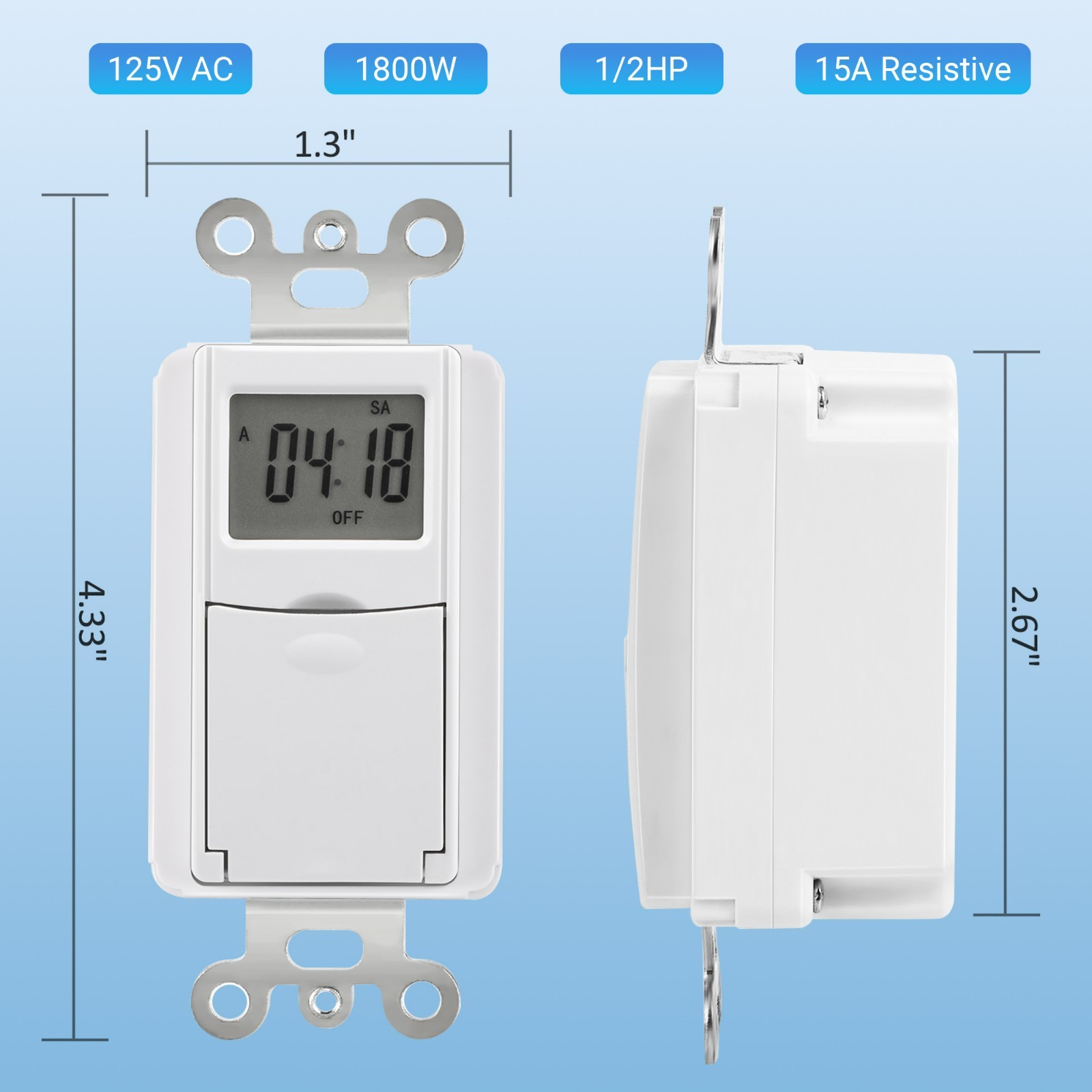 7-Day Programmable In-Wall Timer Switch, Digital, Random Mode, Neutral Wire Requ