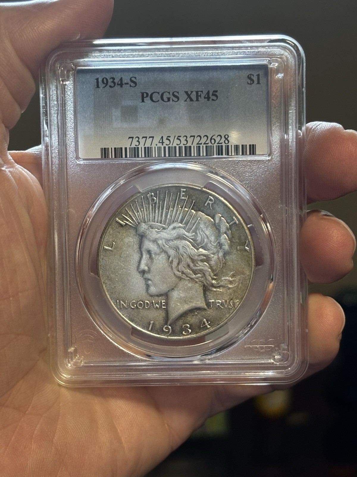 Key Date! 1934-S Peace Dollar PCGS XF45 GREAT TONING! GOLD SHIELD!