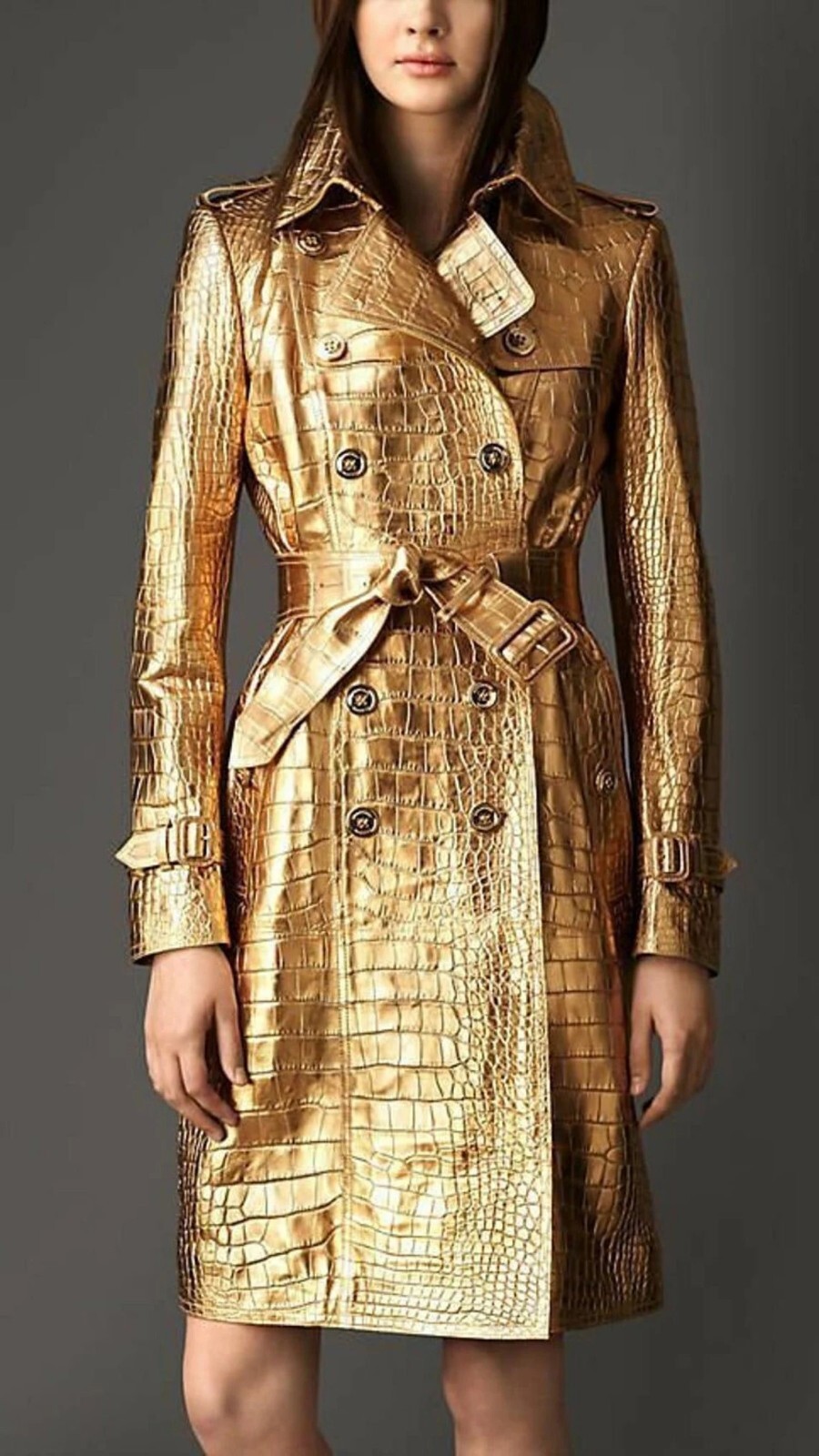 Women's Golden Real Leather Trench Winter Outdoor Coat Party Wear, CROCO Embosse