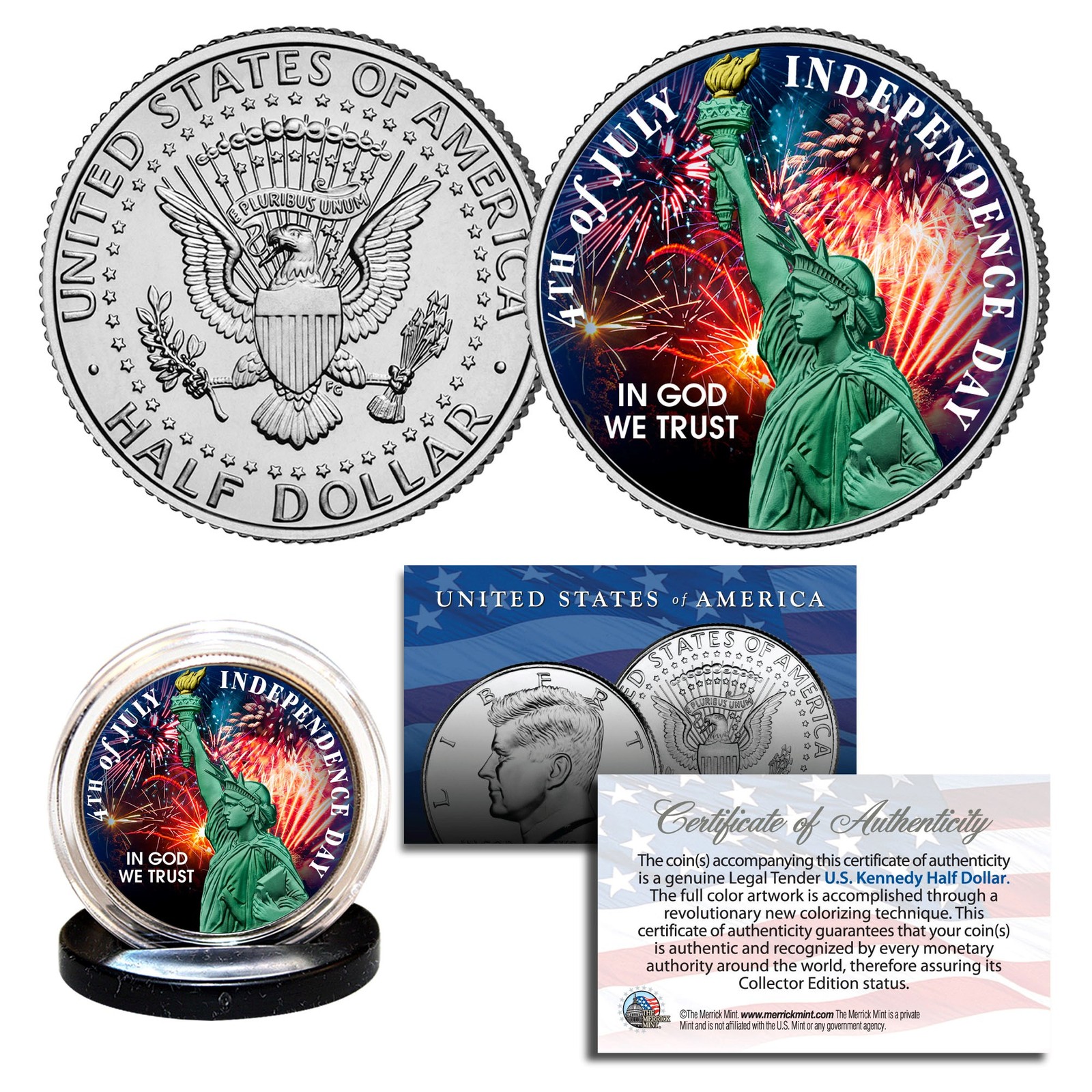 INDEPENDENCE DAY July 4th FIREWORKS JFK Kennedy Half Dollar U.S. Coin with COA