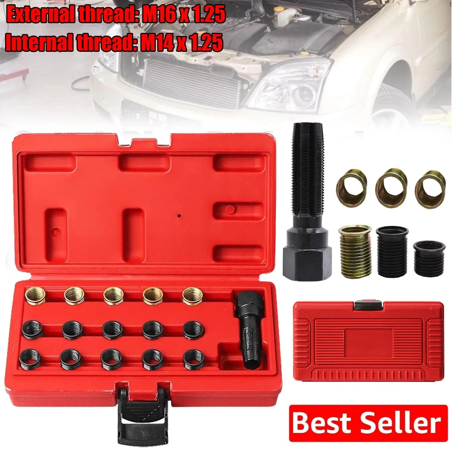 16Pcs Carbon Steel Spark Plug Tap Thread Repair Tools M14 X 1.25 Rethreading Set