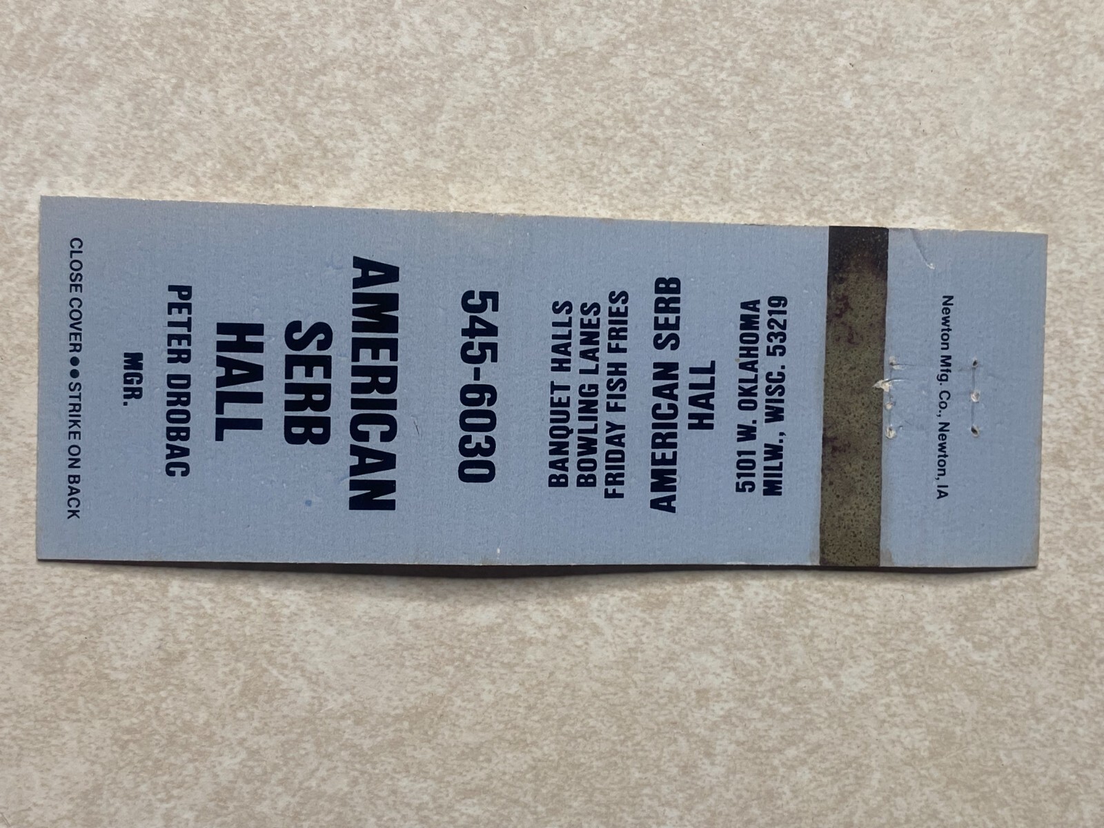AS218 Vintage Matchbook Cover American Serb Hall Restaurant Milwaukee Wisconsin