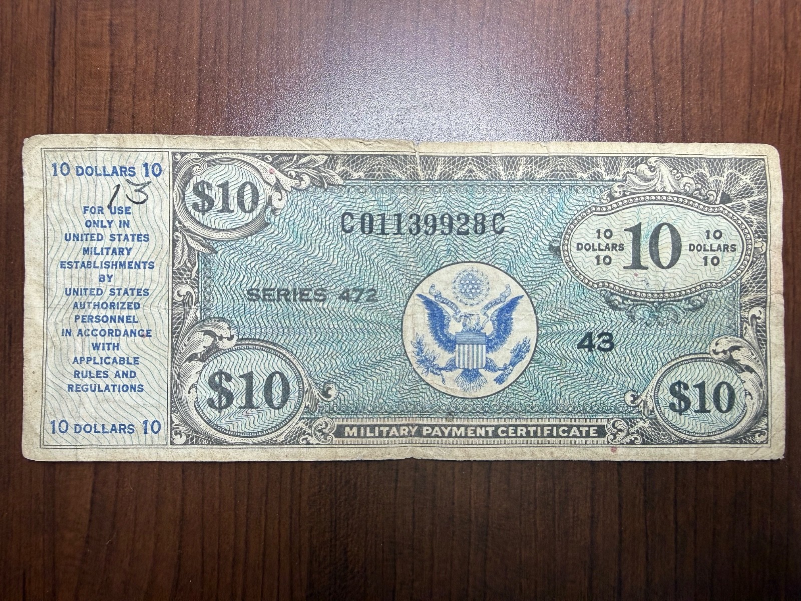 1948-51 U.S. 10 Dollar Military Payment Certificate Series 472  P#M21 BH-61
