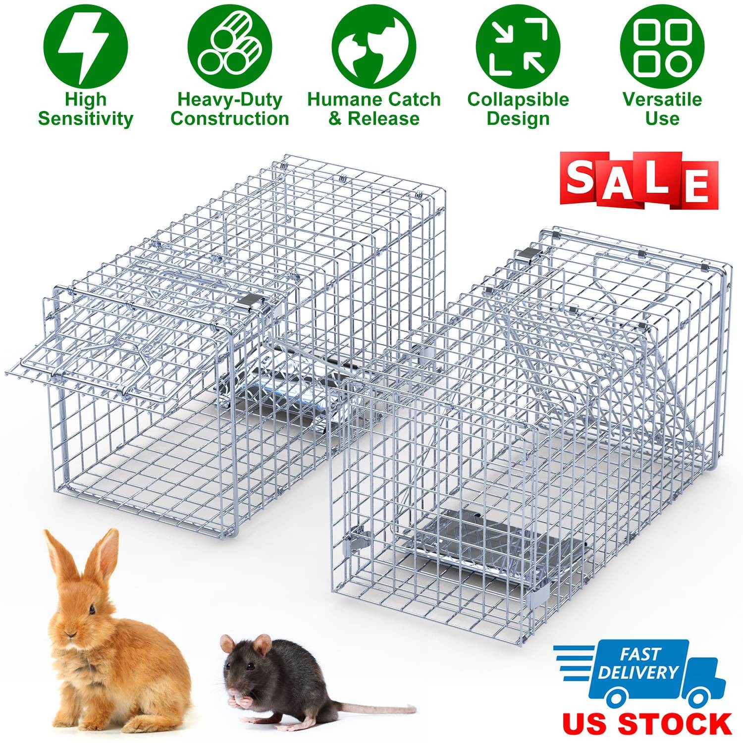 2pcs Live Animal Cage Trap Heavy Duty Folding Mice Rat Traps Humane Cat Trap