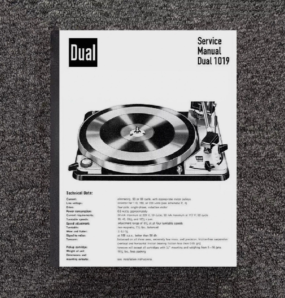 1019 STEREO TURNTABLE SERVICE INSTRUCTIONS MANUAL FITS DUAL 6.5W 1019