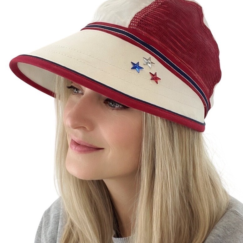 Wide Brim Bucket Hat Womens Patriotic Star Gems Nautical Coast Mesh 4th of Juiy