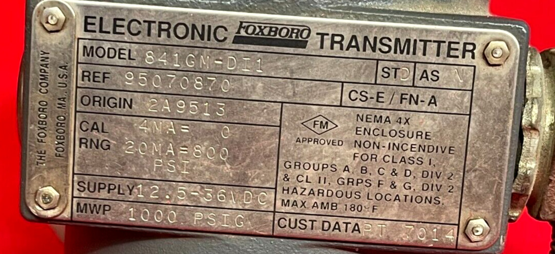 FOXBORO ELECTRONIC TRANSMITTER P/N: 841GM-DI1 MWP: 1000PSIG