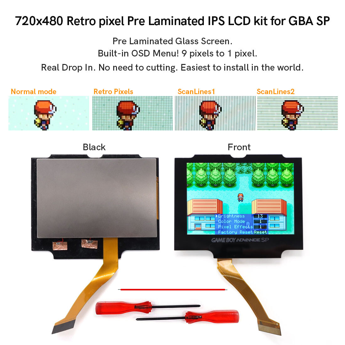 V5 Drop In 720x480 Pre-Laminated Retro Pixel IPS LCD Screen + Shell For GBA SP