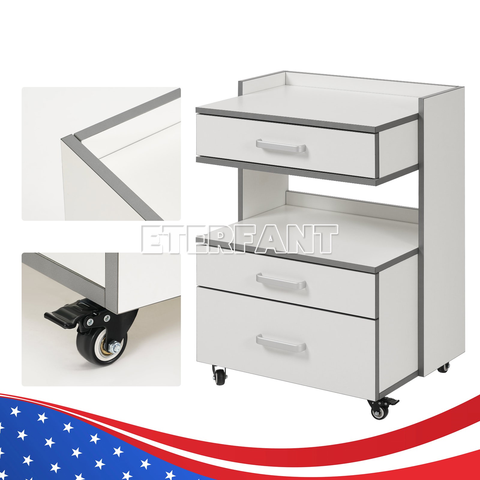 3 Drawers Dental Medical Trolley Cart Acrylic Mobile Wooden Rolling Cabinet US