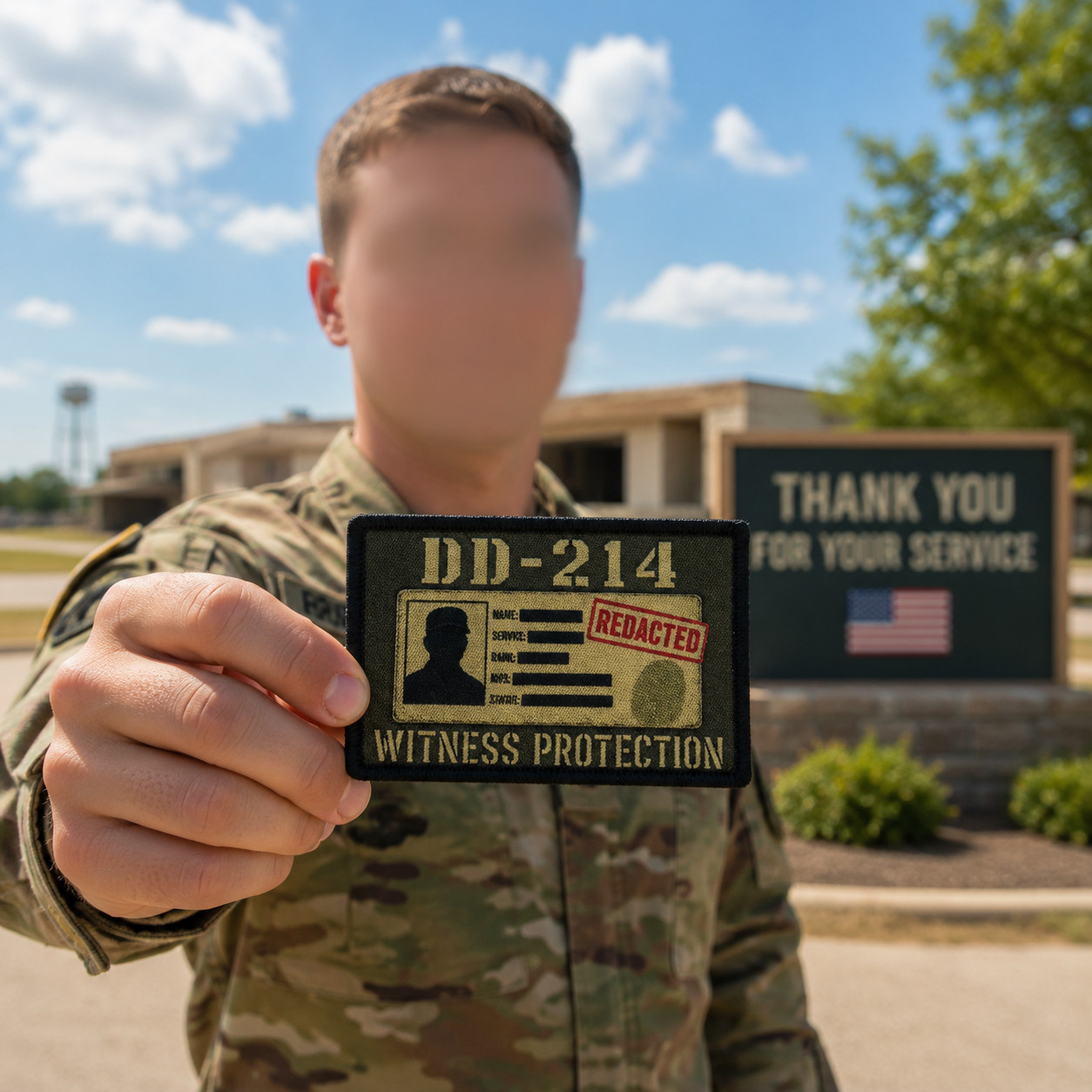 DD-214 Witness Protection Funny Veteran Morale Patch 2x3 Hook Loop