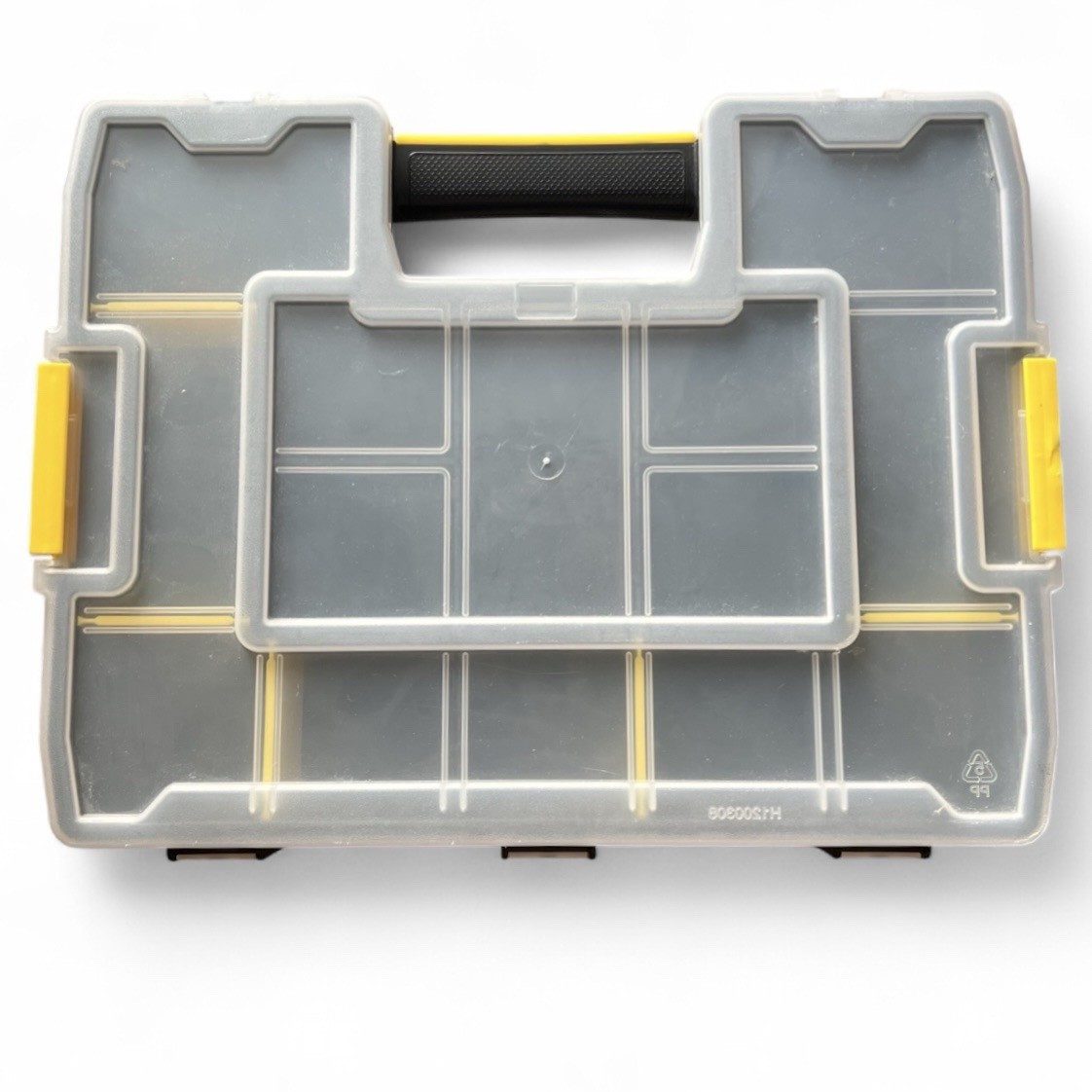 Plastic Tool Organizer Box with Handle, Compartments, Black/Yellow/Clear
