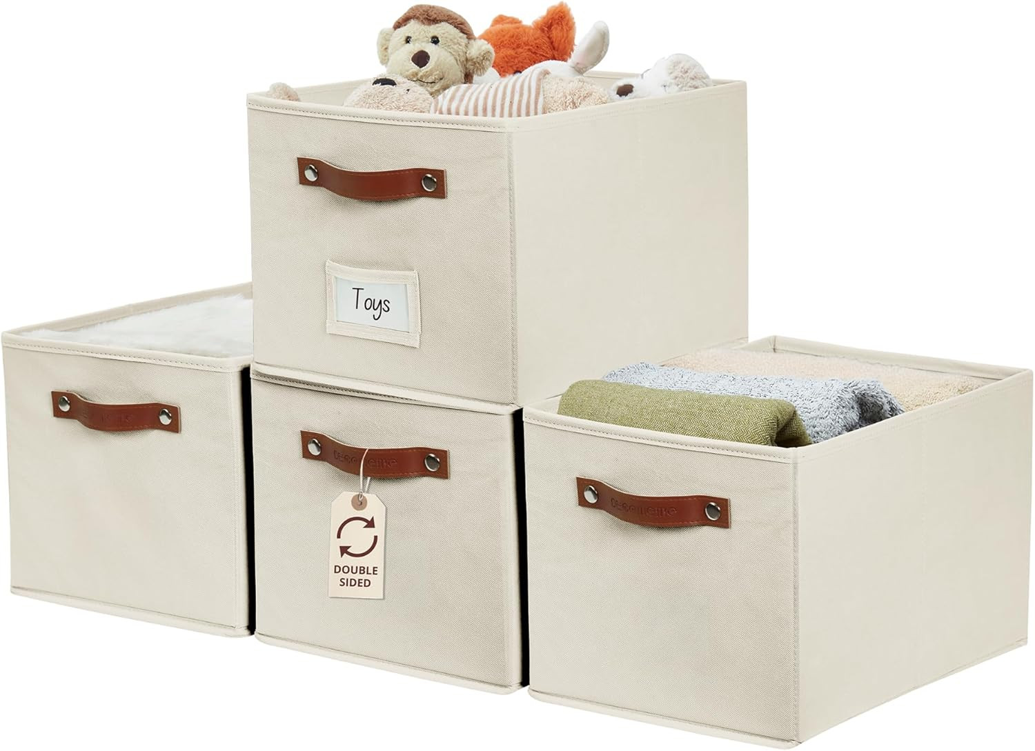 Beige Fabric Storage Bins - 4 Pack, Foldable with Labels, 15"x11"x9.9