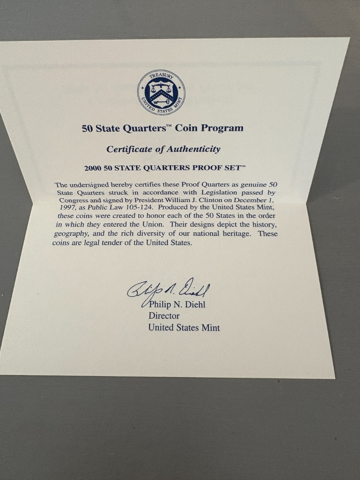 UNITED STATES MINT 50 STATE QUARTERS PROOF SET 2000