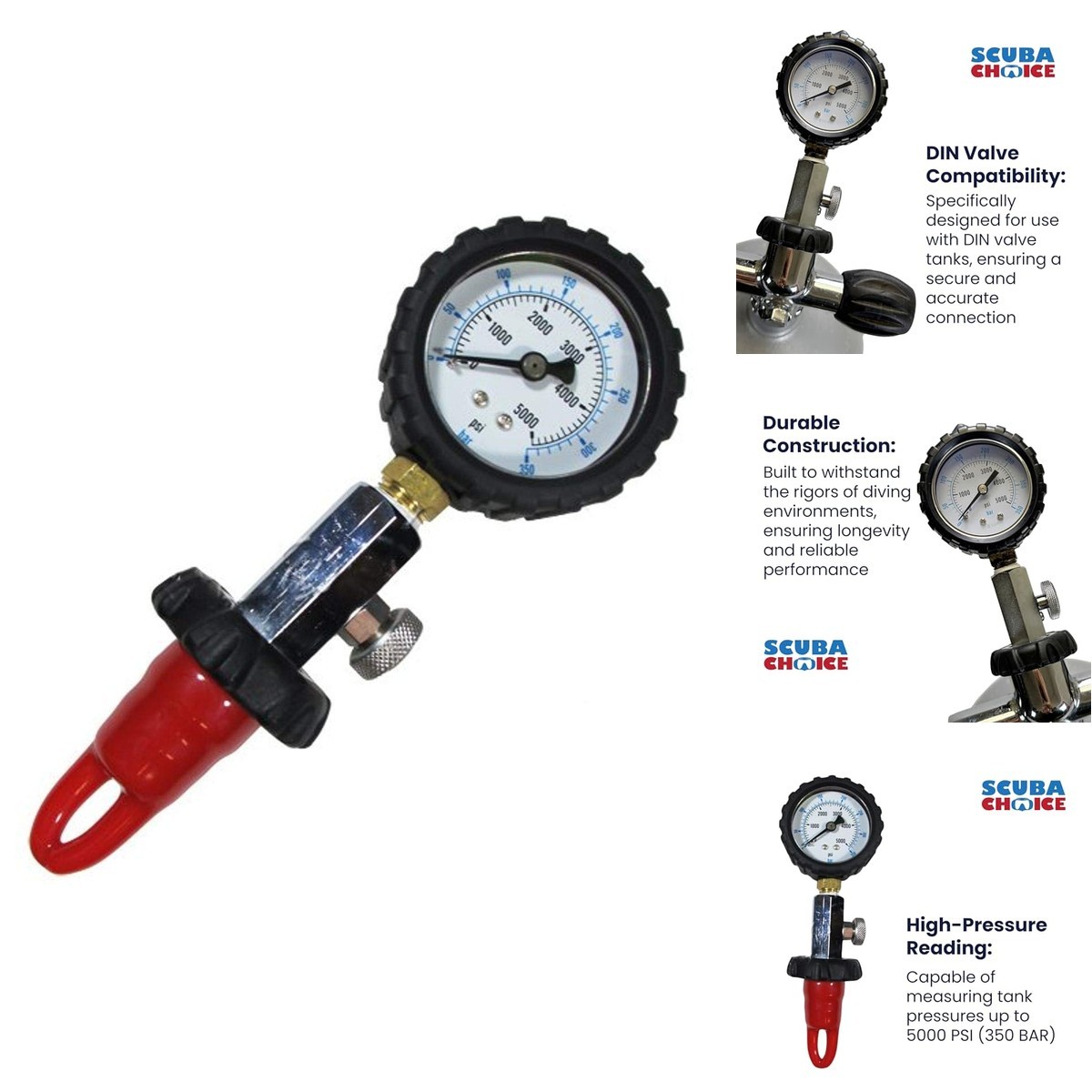 Scuba Choice SCTCD-01 DIN Tank Pressure Checker 5000 PSI/350 BAR Gauge