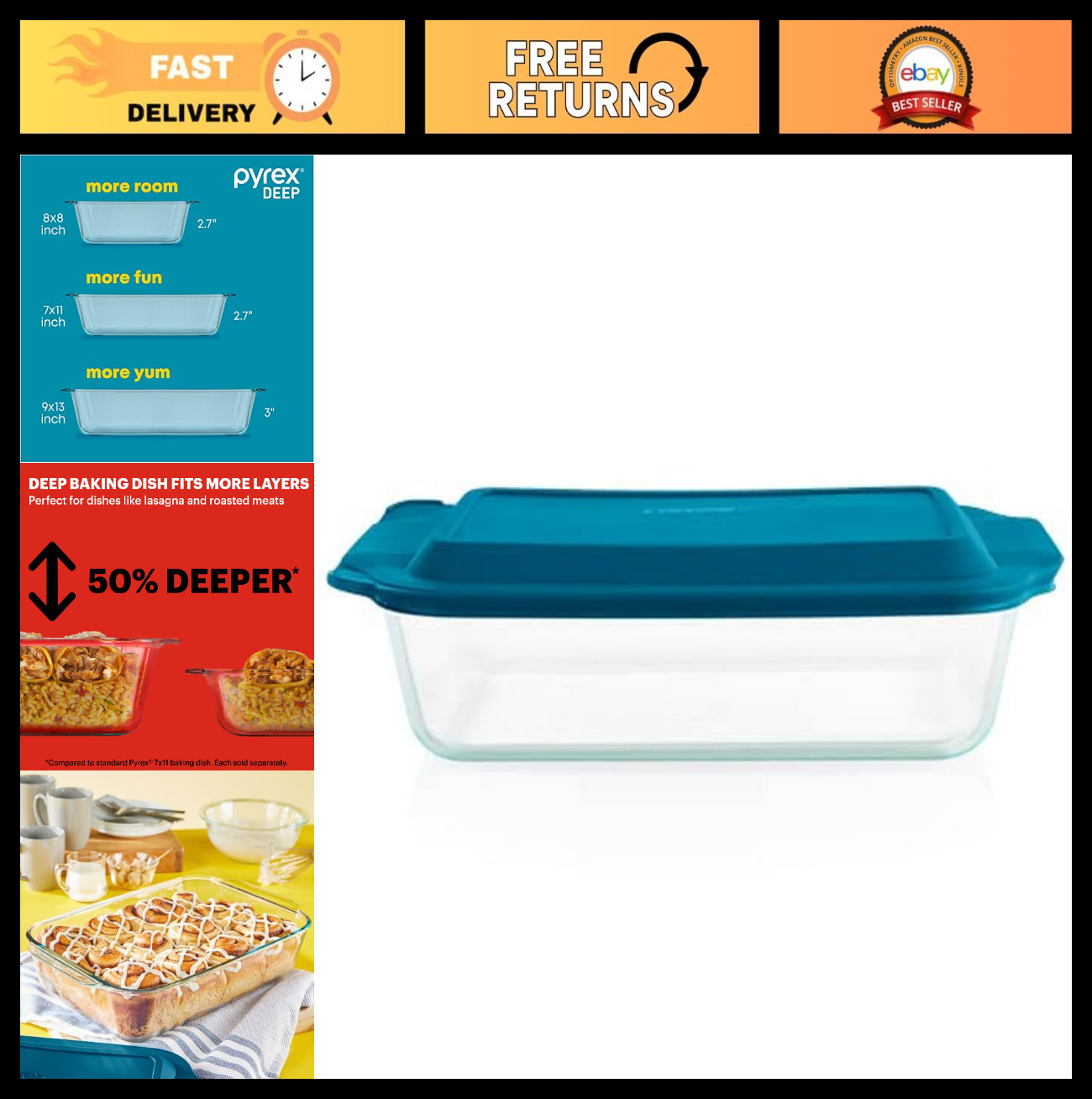 9x13 Glass Baking Dish with Lid - Deep Casserole, Oven, Freezer & Microwave Safe
