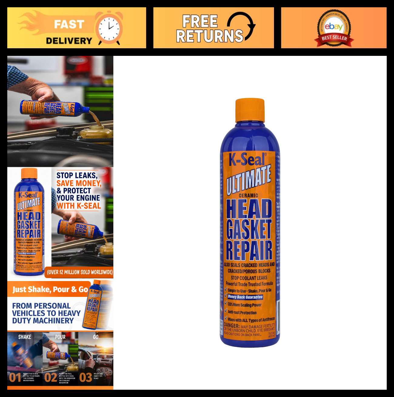 16 oz Pour & Go Head Gasket Sealer - Fix Blown Gaskets, Cracked Heads & Engine B