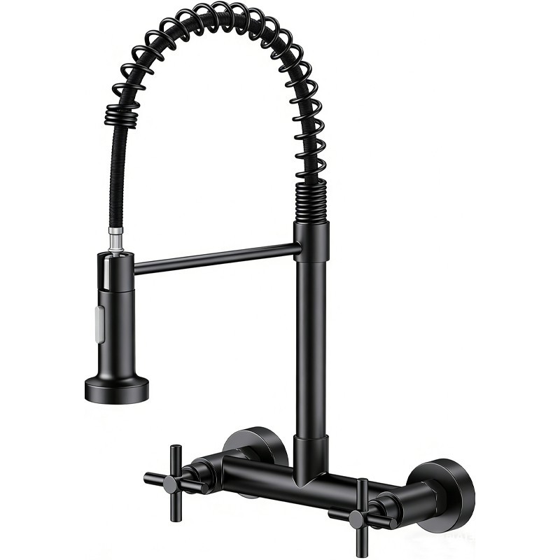 8 Inch 2 Handle Commercial Wall Mount Black Kitchen Sink Faucet Pull Down Mixer