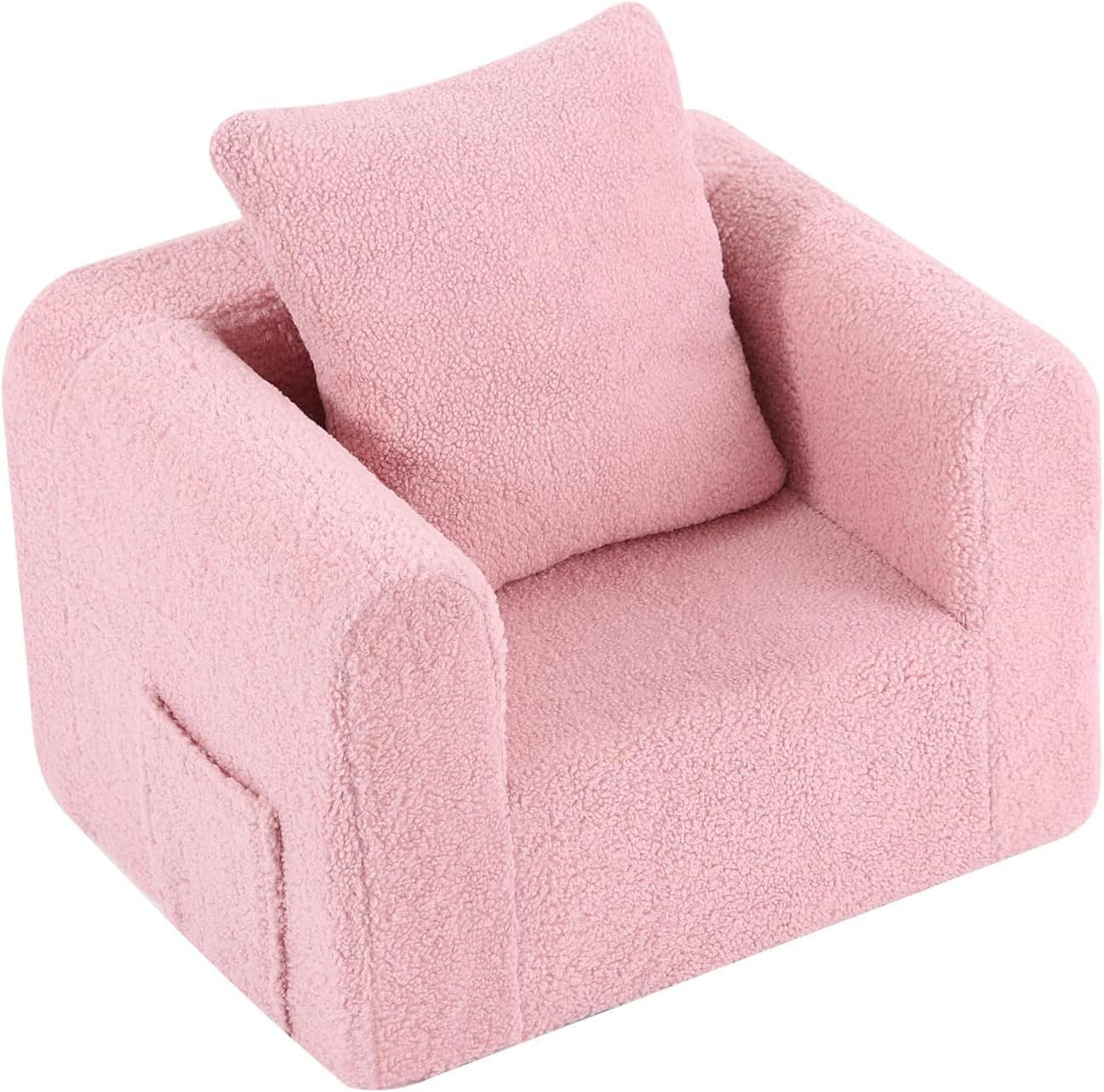 Cozy Kids Sofa with Pillow - Soft Foam Toddler Chair in Sherpa Pink