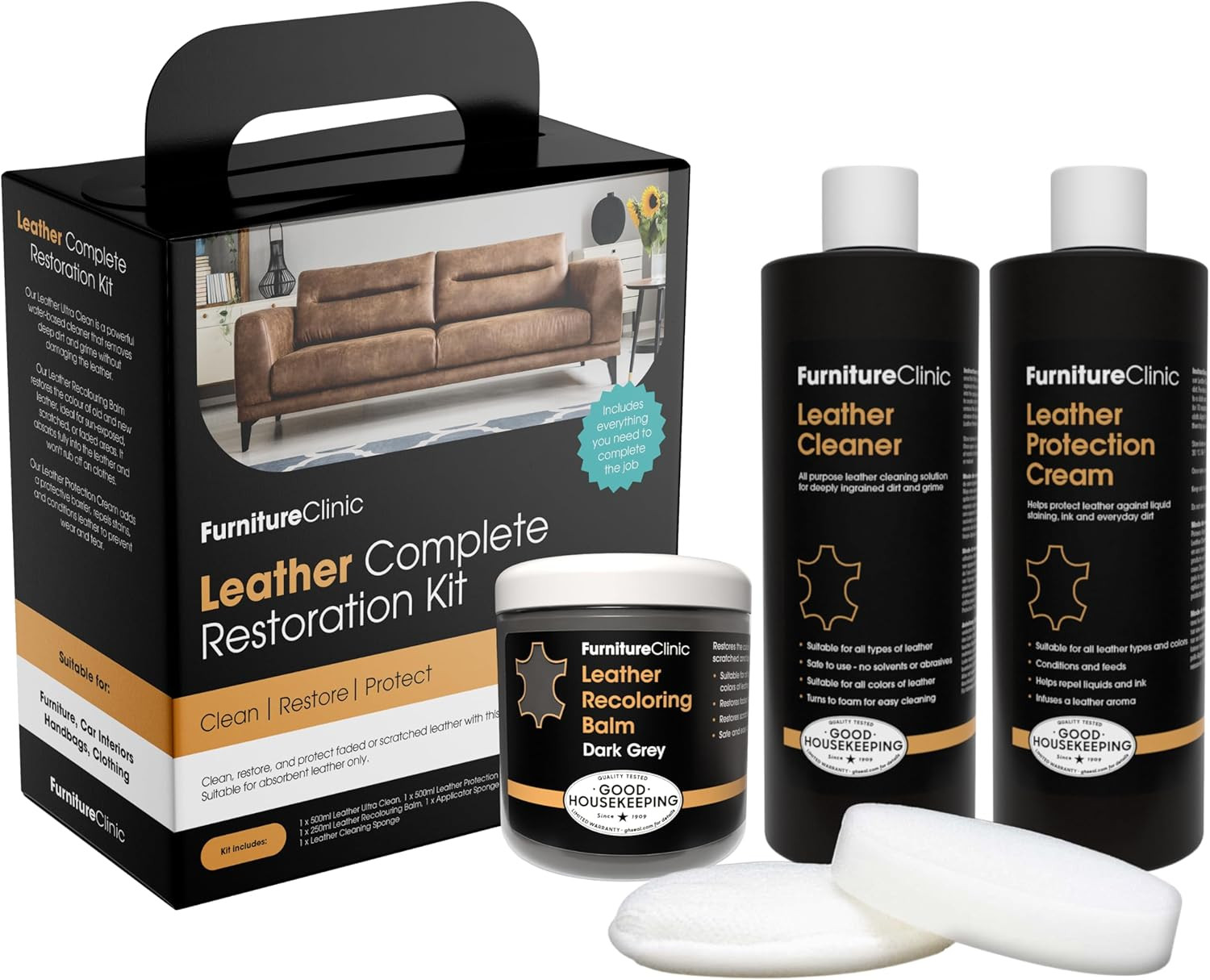Leather Complete Restoration Kit | with Leather Recoloring Balm, Cleaner, 2-In-1