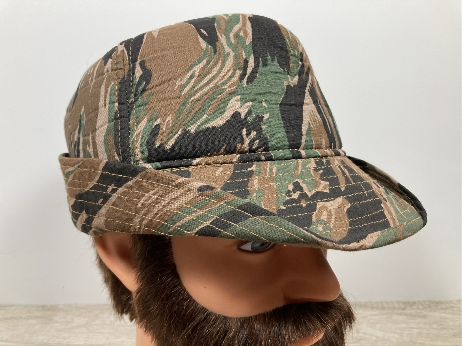 VTG XL Woodland Tiger Stripe Camo Jones Bucket Hunting Hat Insulated Ear Flaps