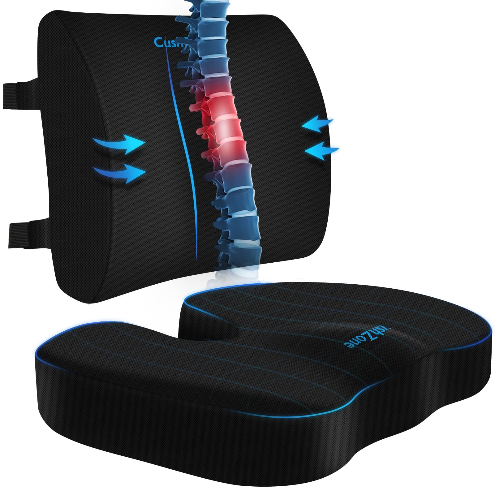 CushZone Seat Cushion, Lumbar Support Pillow with Adjustable Large, Black