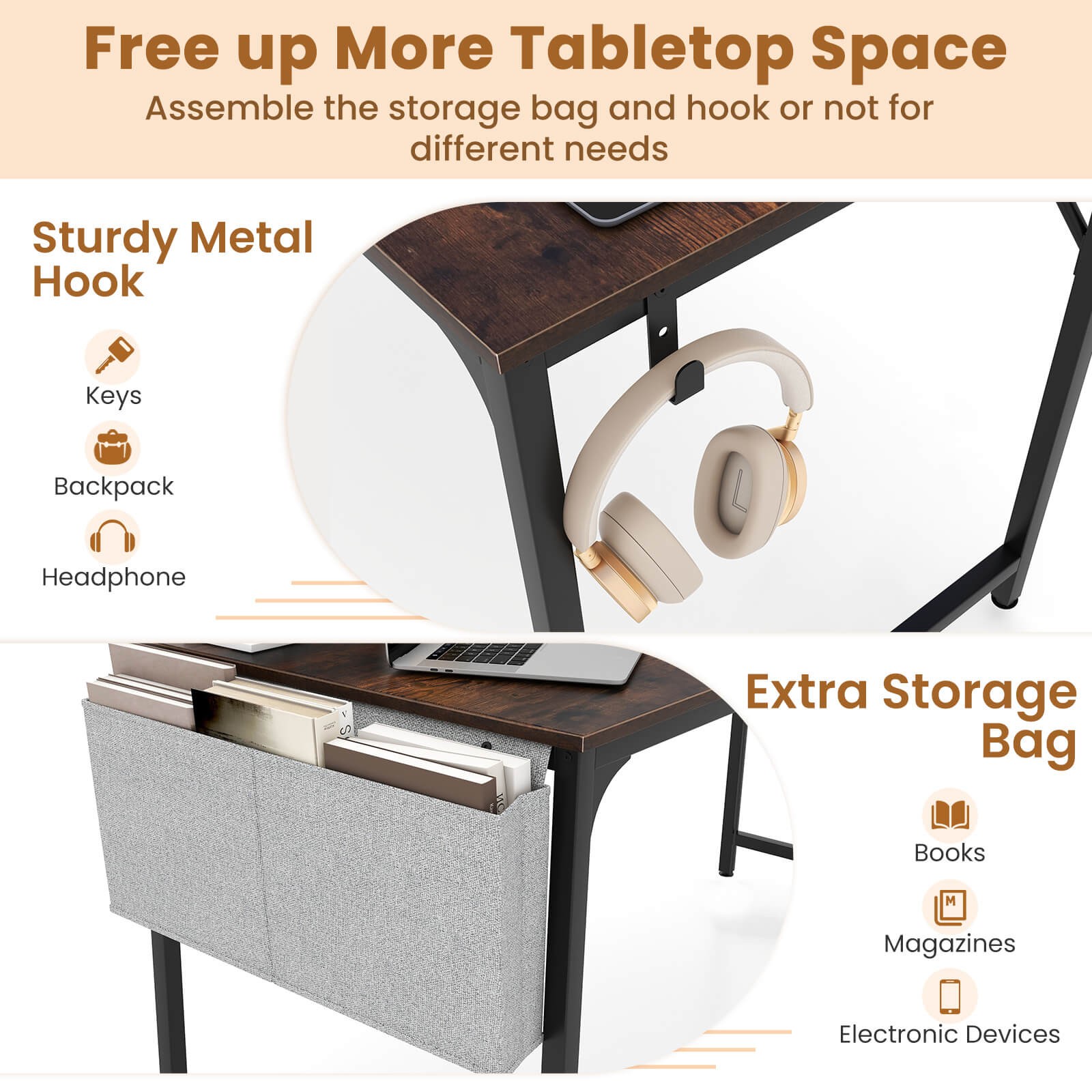 32" Computer Desk Small w/ Headphone Hook & Charging Station Storage Bag