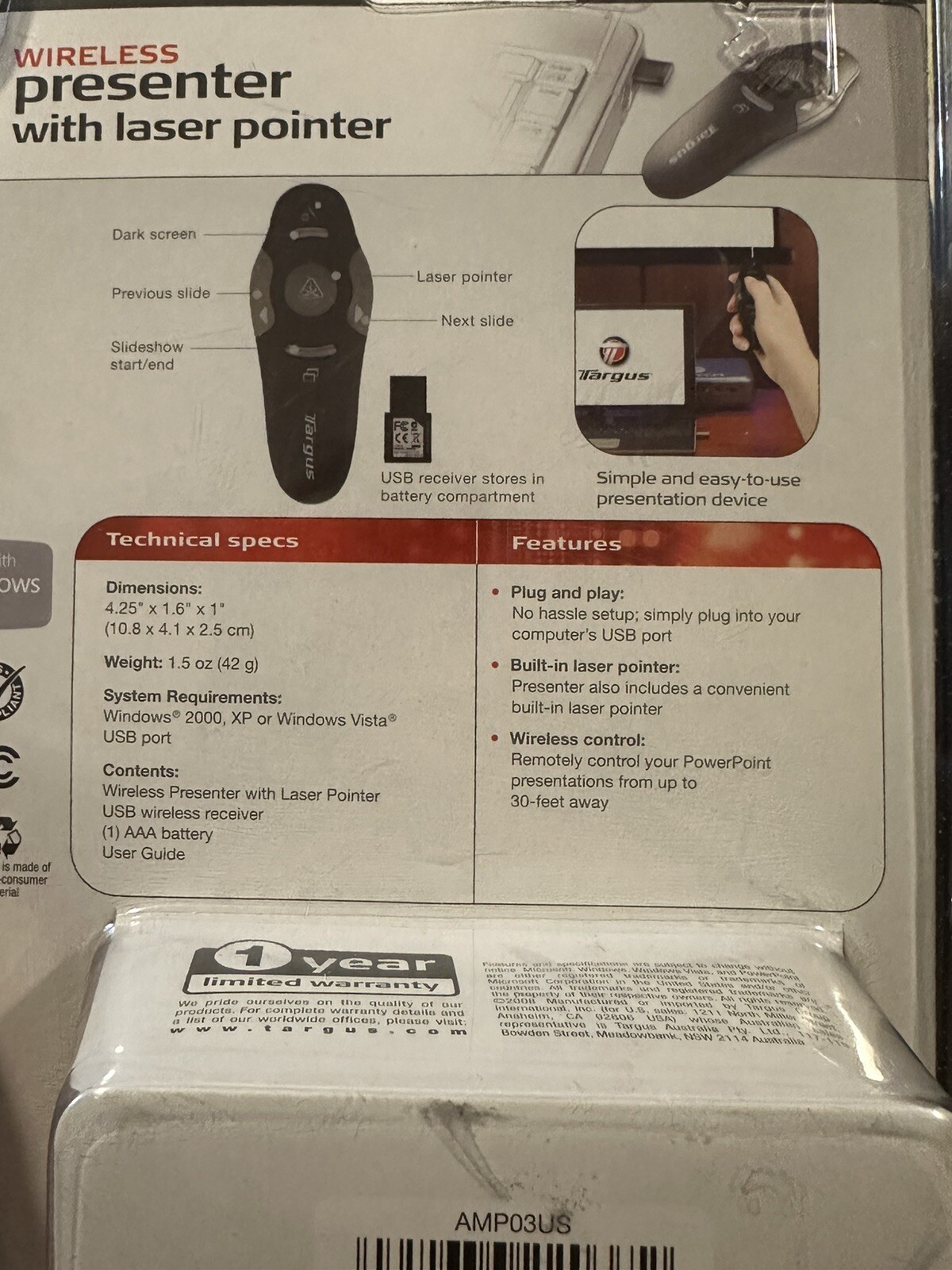 Targus Wireless Presenter Laser Pointer Remote AMP03US New in OEM Packaging