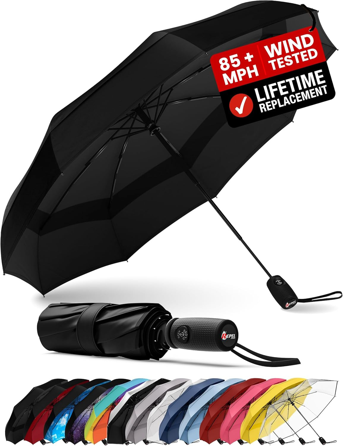 REPEL Windproof Travel Umbrella - Compact & Withstands Winds up to 85MPH , Stron