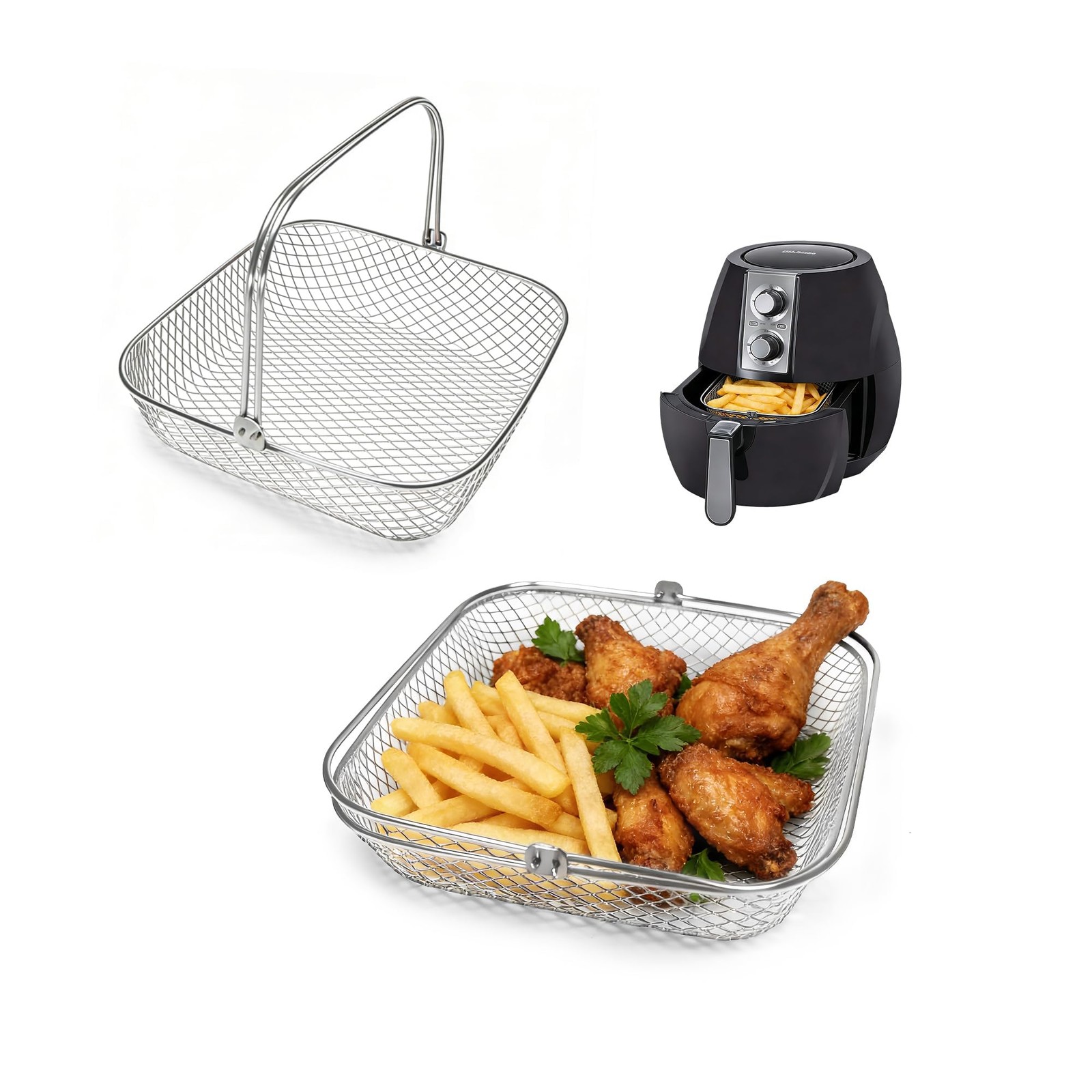 8Qt Replacement Airfryer Basket, Air Fryer Basket Square 2 Pack, Silver