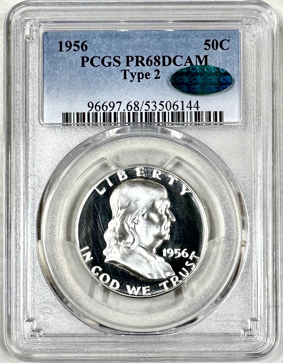 1956 FRANKLIN HALF DOLLAR PROOF TYPE 2 PCGS & CAC PR68 DMPL