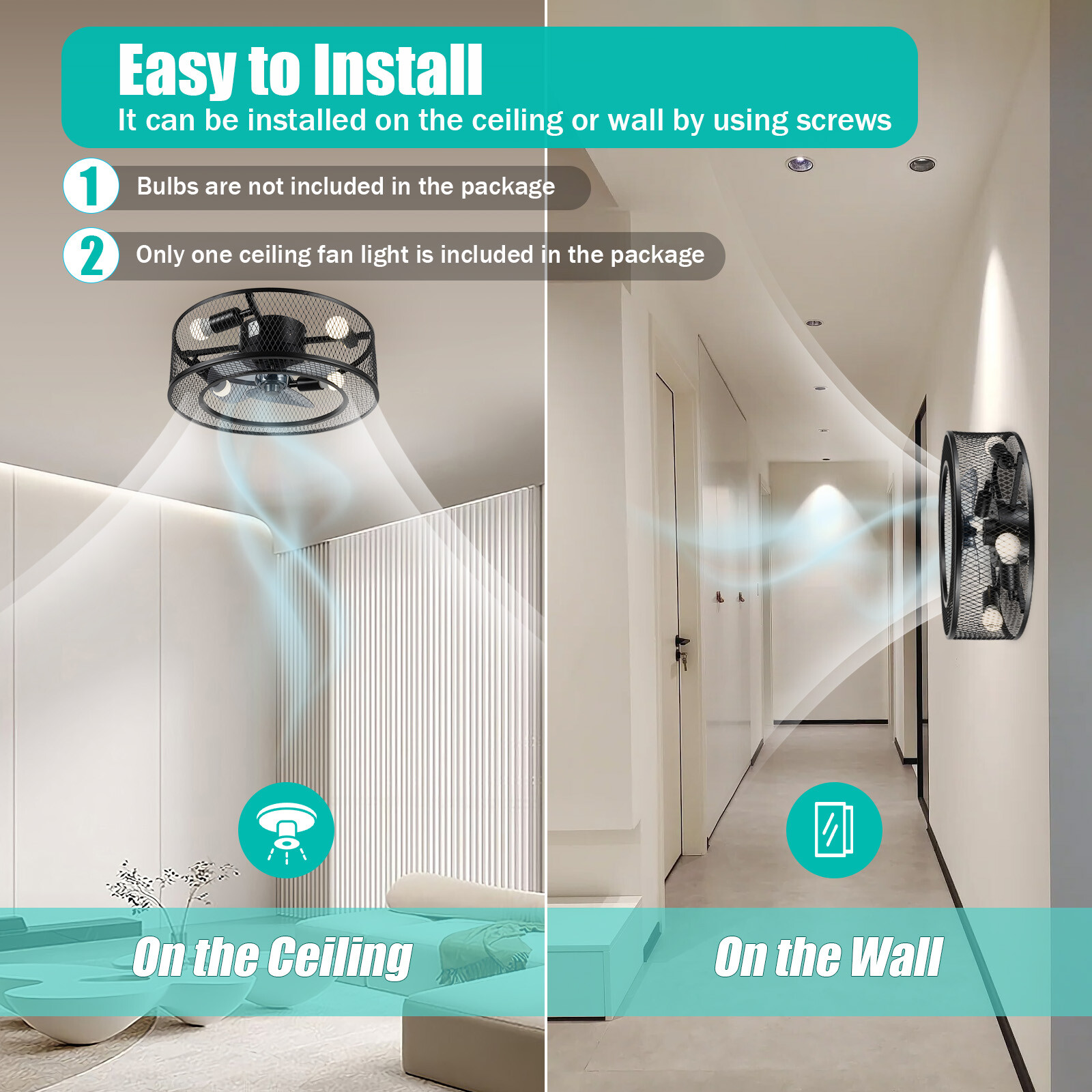 Modern LED Ceiling Fan Light Semi Flush Mount Caged Fan Lamp with Remote Control