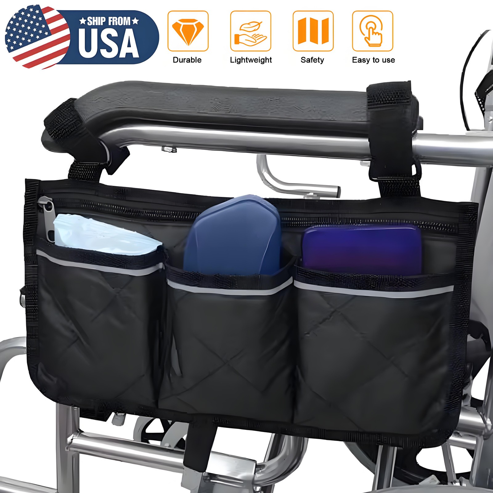 Outdoor Wheelchair Side Pouch Storage Bag Armrest Pocket Organizer Holder New US