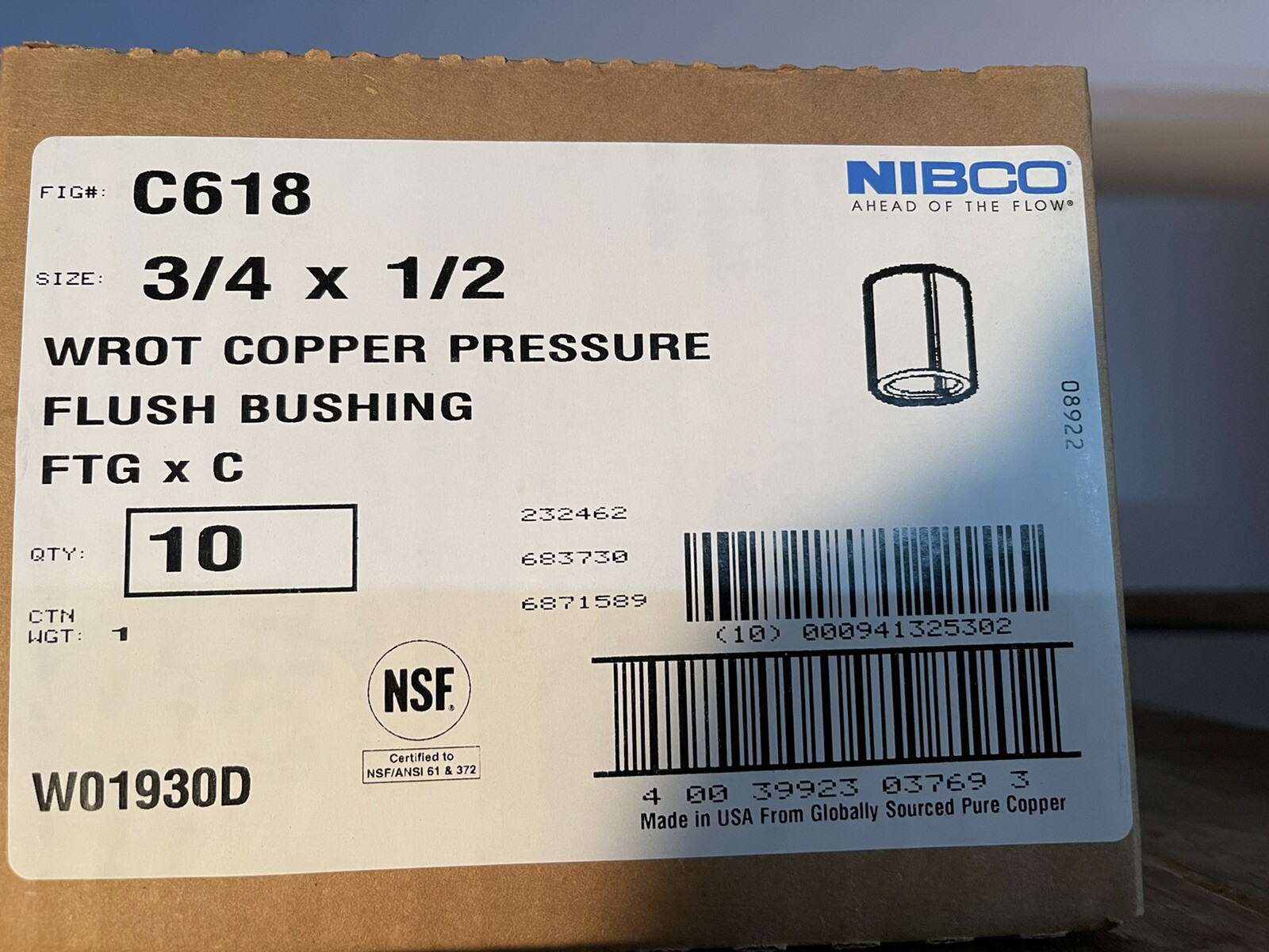 Nibco W01930D 3/4 In. Copper Pressure Flushing Bushing. Quantity 10.