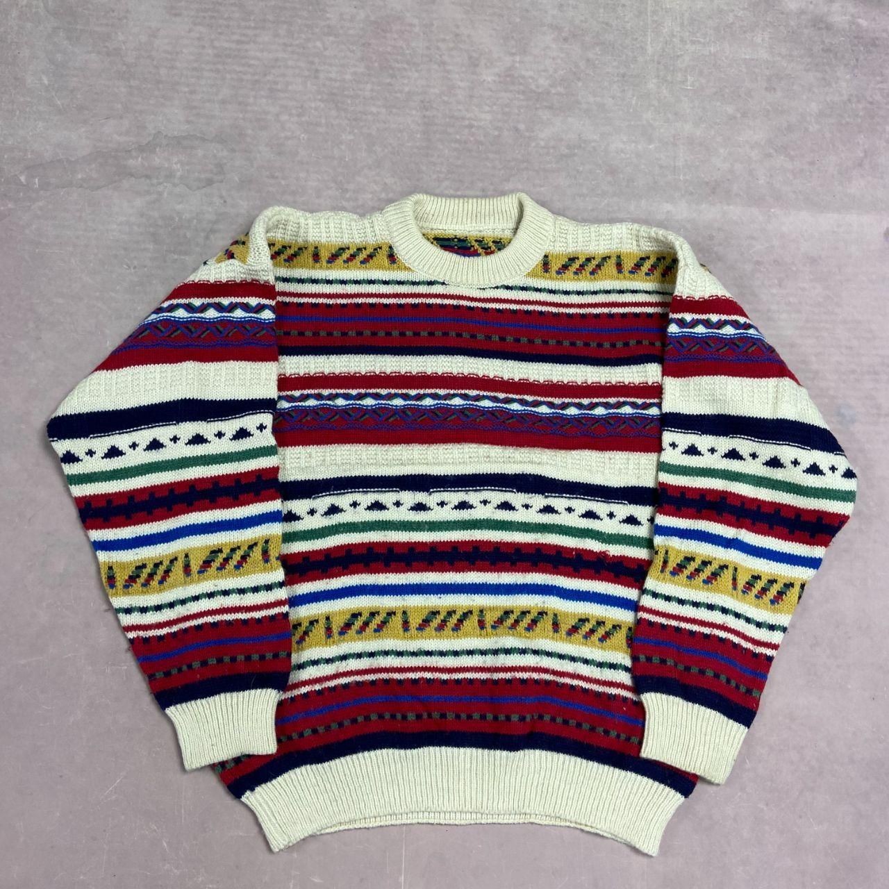 Vintage Abstract Knitted Jumper Patterned Grandad Chunky Knit Sweater Men's M