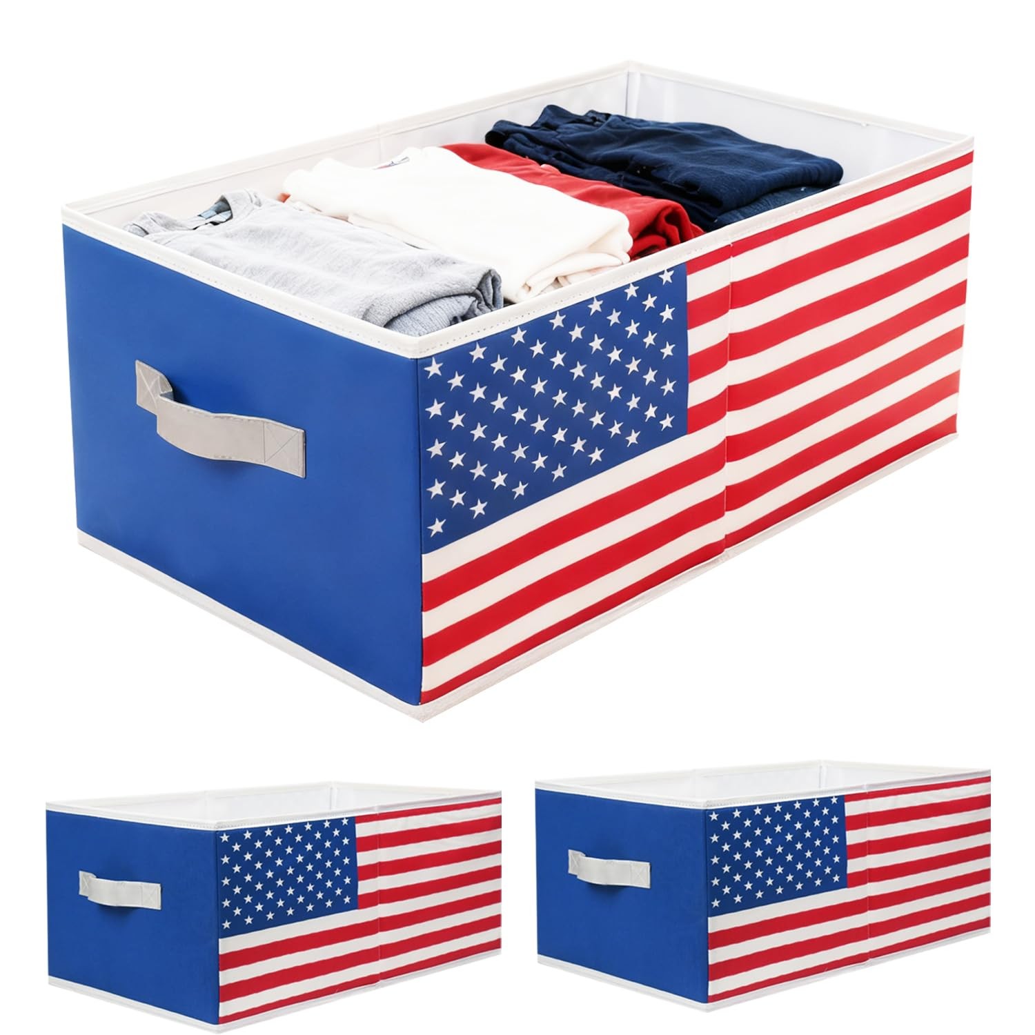 3 Pack Oxford Fabric Storage Bins with Beautiful Flag Print, Large Closet Org...