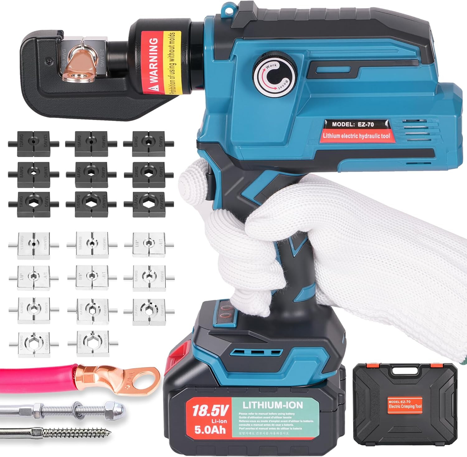 Electric Hydraulic Cable Lug Crimping Tool, 12 AWG to 2/0 AWG Terminal, Cable, W