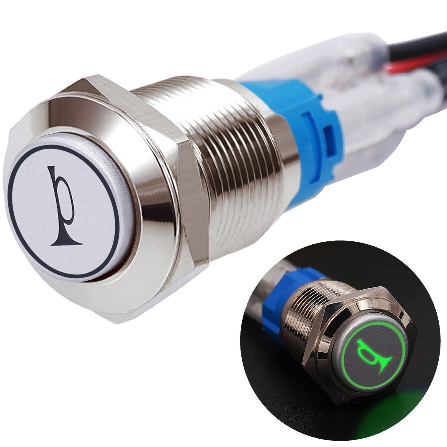 12V Green LED Light Speaker Horn 16MM Momentary Push Button Switch for Car