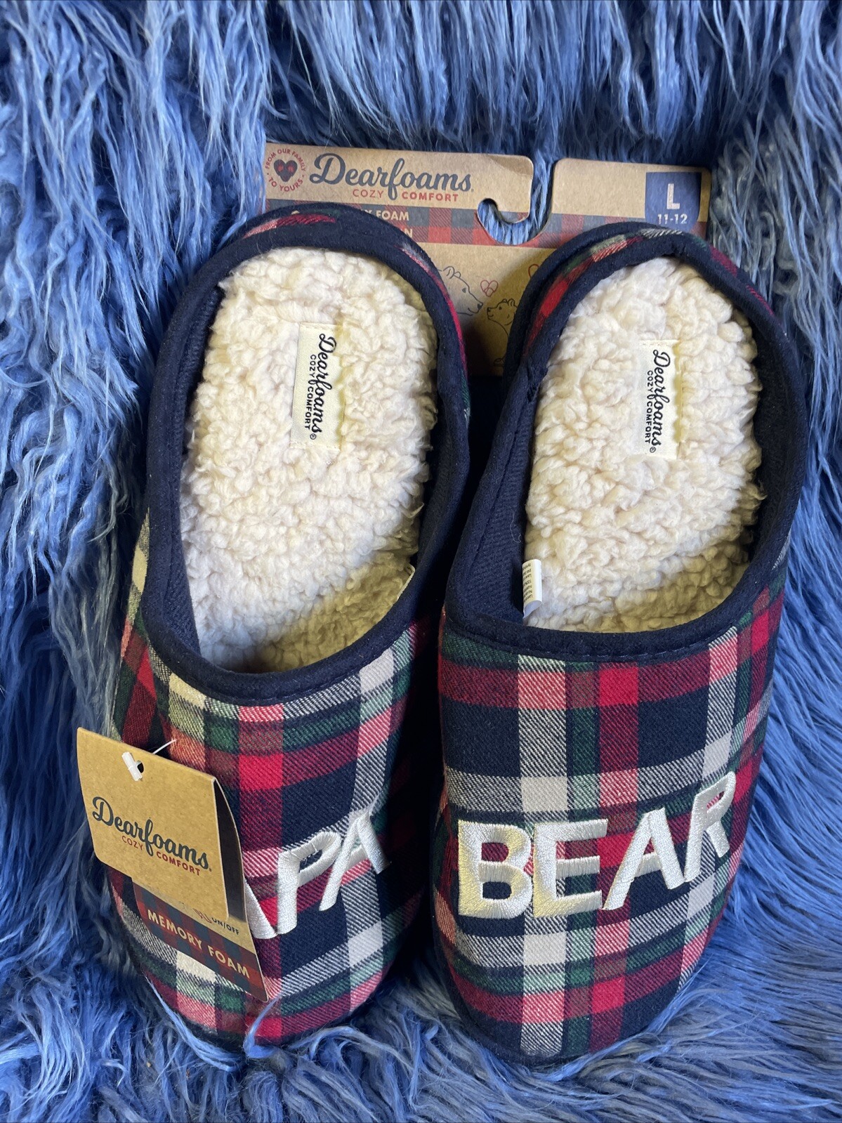 Dearfoams Comfort Papa Bear Memory Foam Clog Slippers Plaid US 11-12