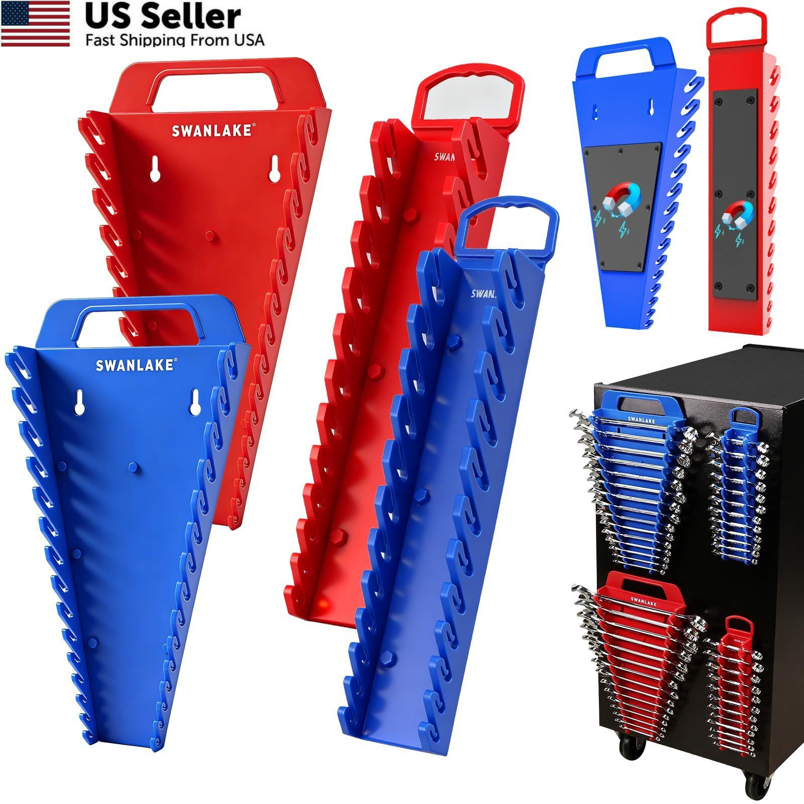 SWANLAKE 4-Pack Magnetic Wrench Organizer 54 Slots Organizer, Red&Blue