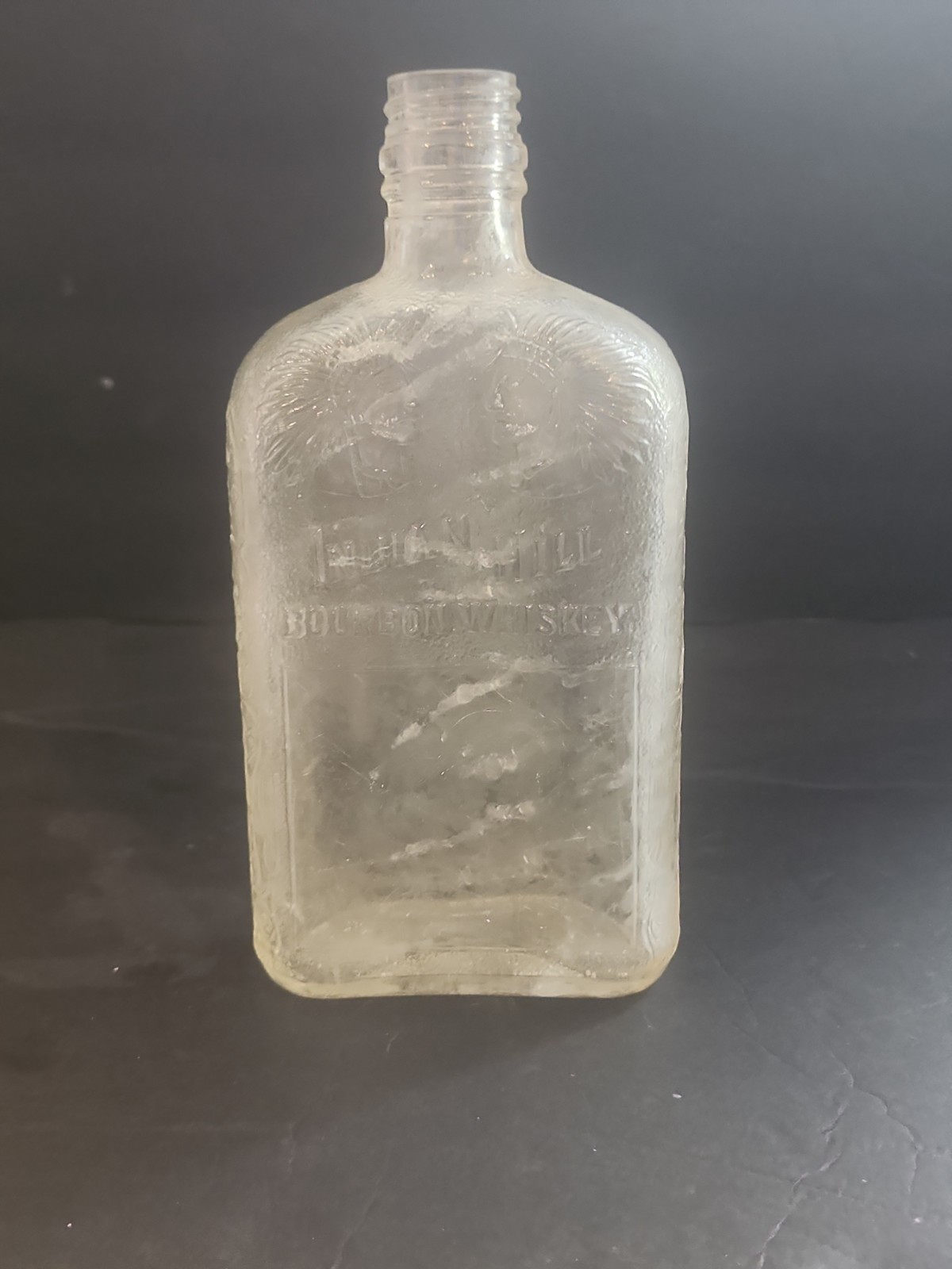 Vintage 1930s Indian Hill Bourbon Whiskey Glass Flask Embossed Native...