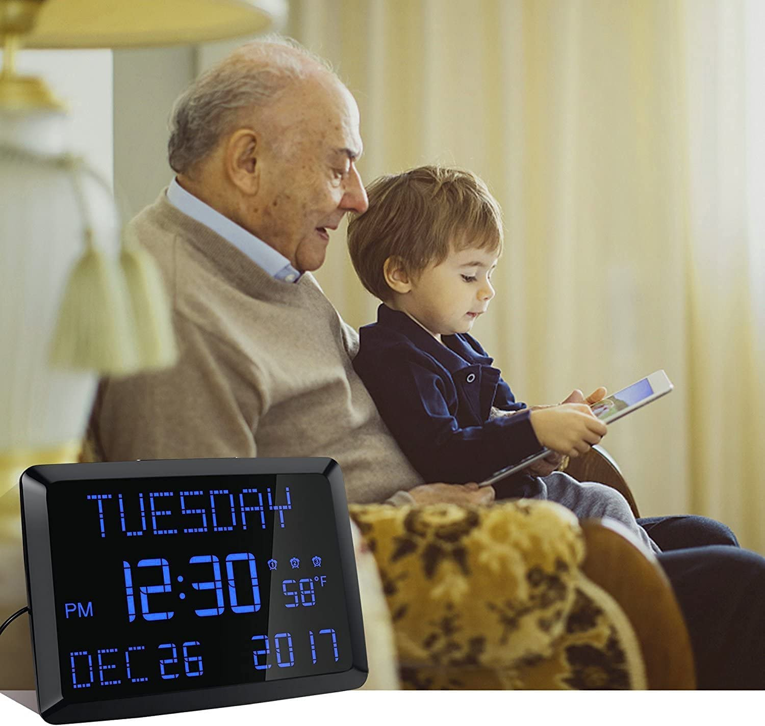11.5'' Extra Large Alarm Clock with LED Display, Time, Temperature, USB Charger
