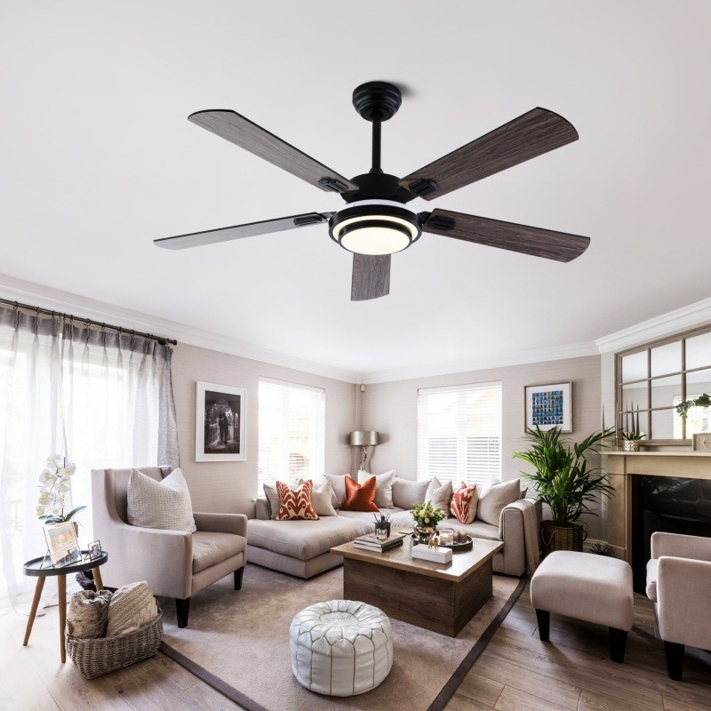52" Modern Wood Ceiling Fan with Light 5 Double Sided Blade Reversible Remote