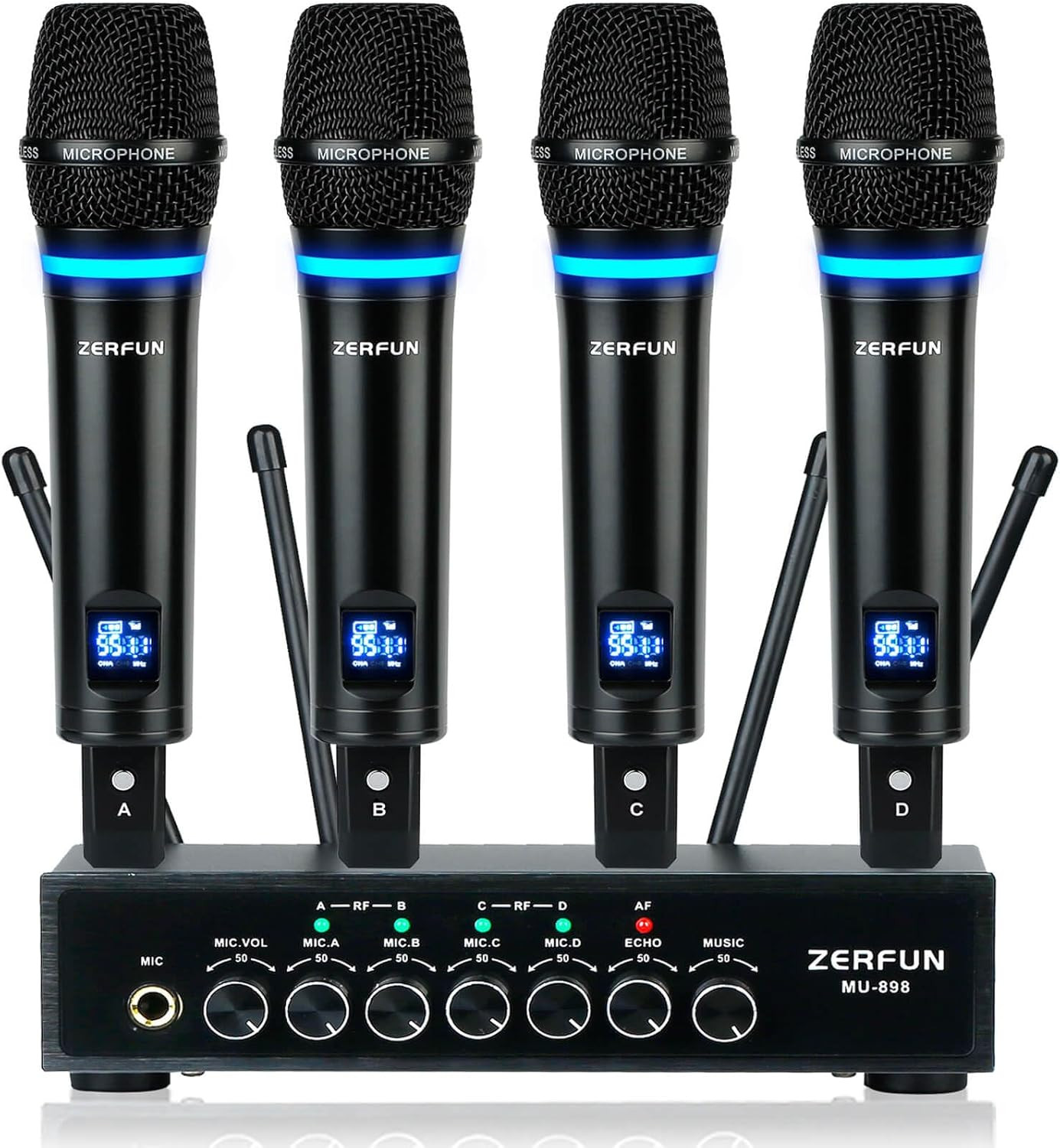 Rechargeable Wireless Microphone System 4 Channel Pro, UHF Metal Handheld Wirele