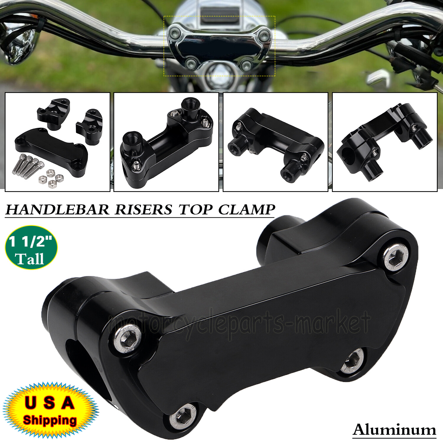 1 1/2" Tall Handlebar Risers w/Top Clamp For Harley Sportster Heritage Softail